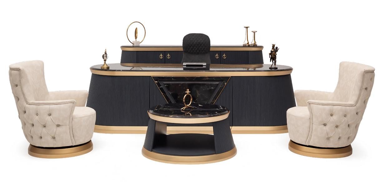 JVmoebel Büromöbel-Set Elegantes Komplettbüro in Schwarz/Beige mit komfortabler Sitzgruppe, (Schreibtisch, Kommode, 2x Sessel, Couchtisch), Made in Europe