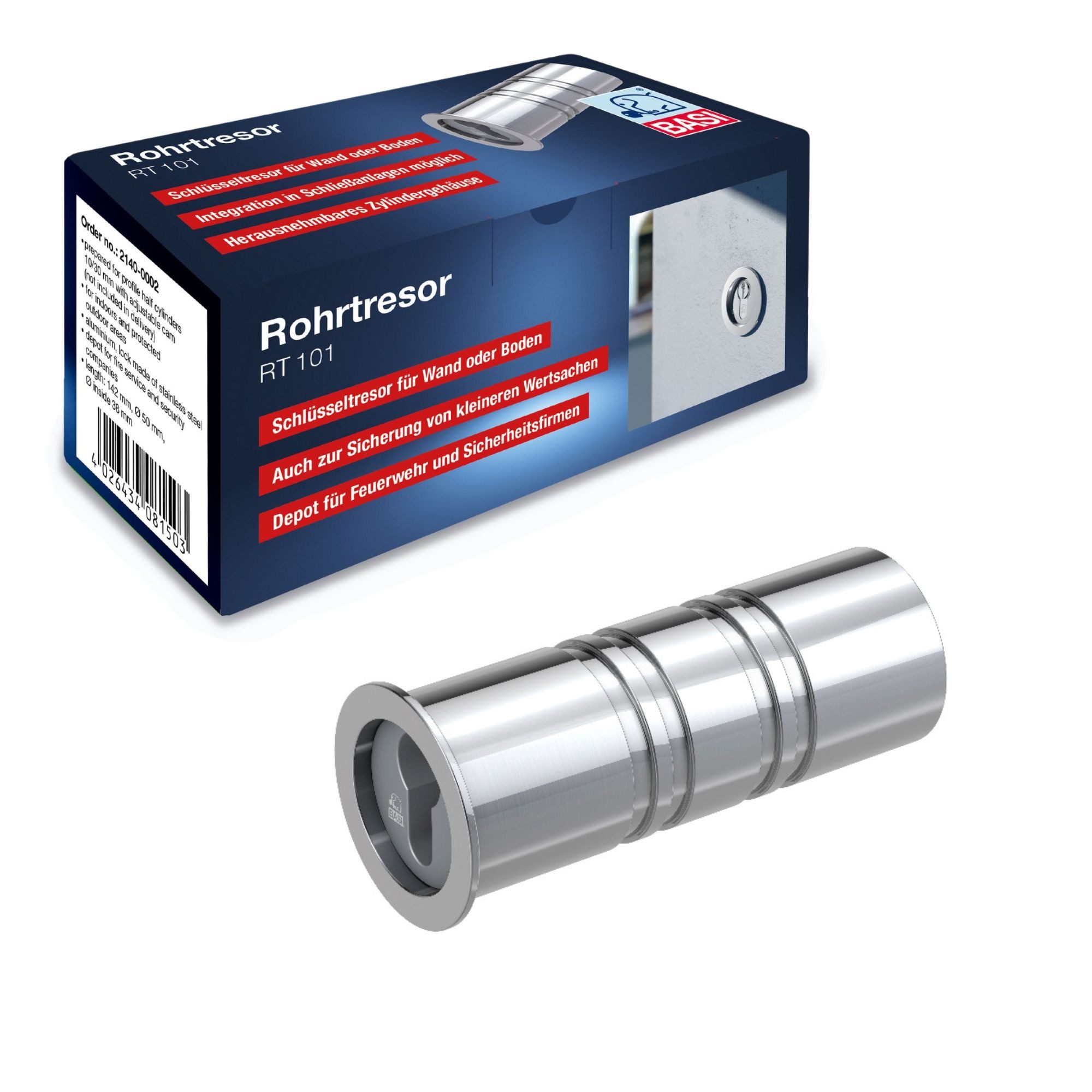 BASI Tresor Rohrtresor (Packung), Schlüsseldepot, Schutzkappe, Alu, ohne Halbzylinder, L142mm Ø50mm