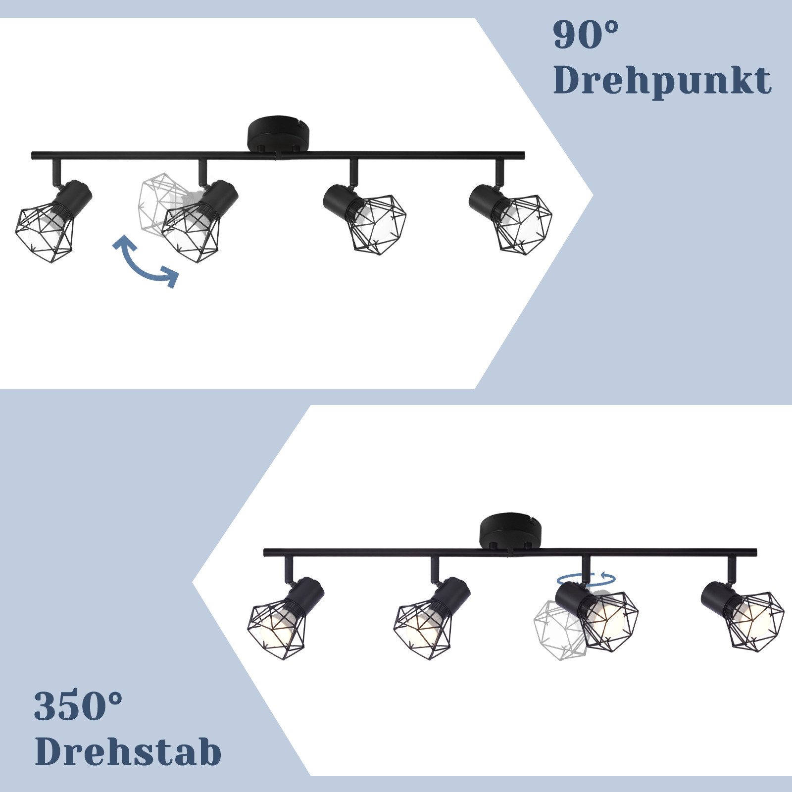 Nettlife Deckenstrahler Wohnzimmer Vintage Schwarz 2/3/4/5 Flammig E14 Industrial, Schwenkbar 350°, LED wechselbar, drehbar für Wohnzimmer Flur Esszimmer und weitere Wohnräume