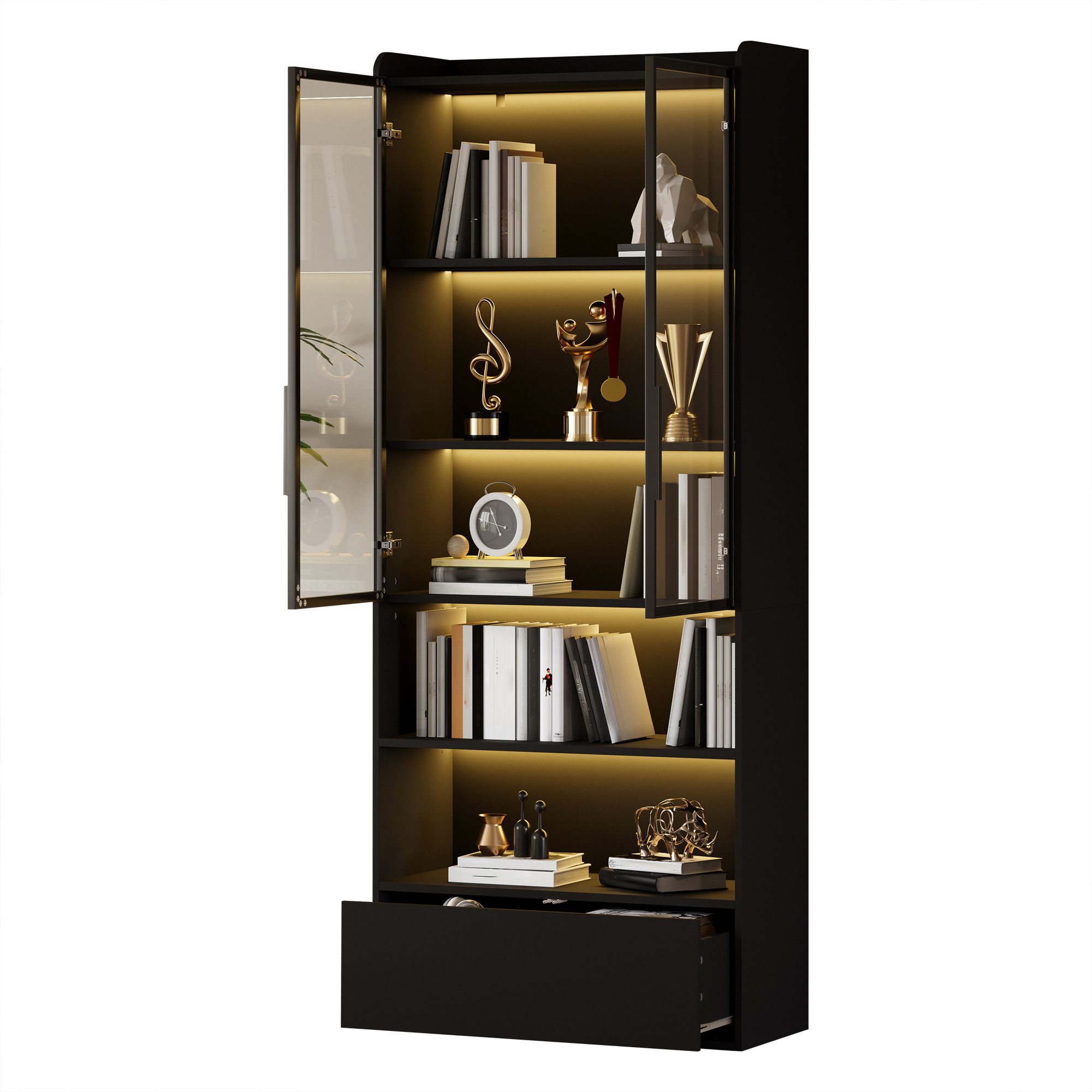 Luckice Info-Schaukasten 80*34*180cm Vitrine mit 1 Schubladen und Glasschranktüren, (Hochschrank Glasvitrine mit LED und Offene Partition, Standregal Schrank Vitrine,Wohnzimmerschrank mit Glastüren)