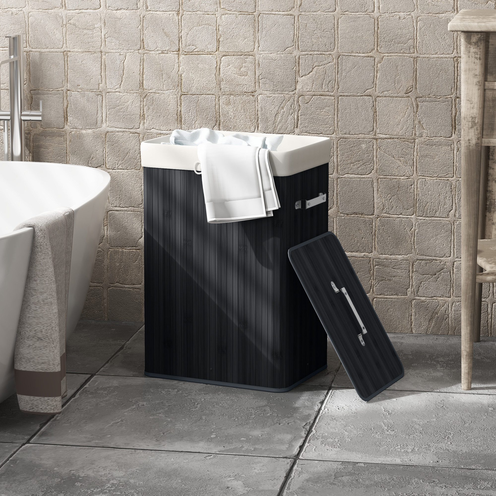 HOMCOM Wäschekorb schmal Wäschesammler mit Griff, für Schlafzimmer & Bad, Schwarz (Set, 1 St., Wäschekorb mit Wäschesack), 72L, Bambus, herausnehmbarer Wäschesack, Deckel