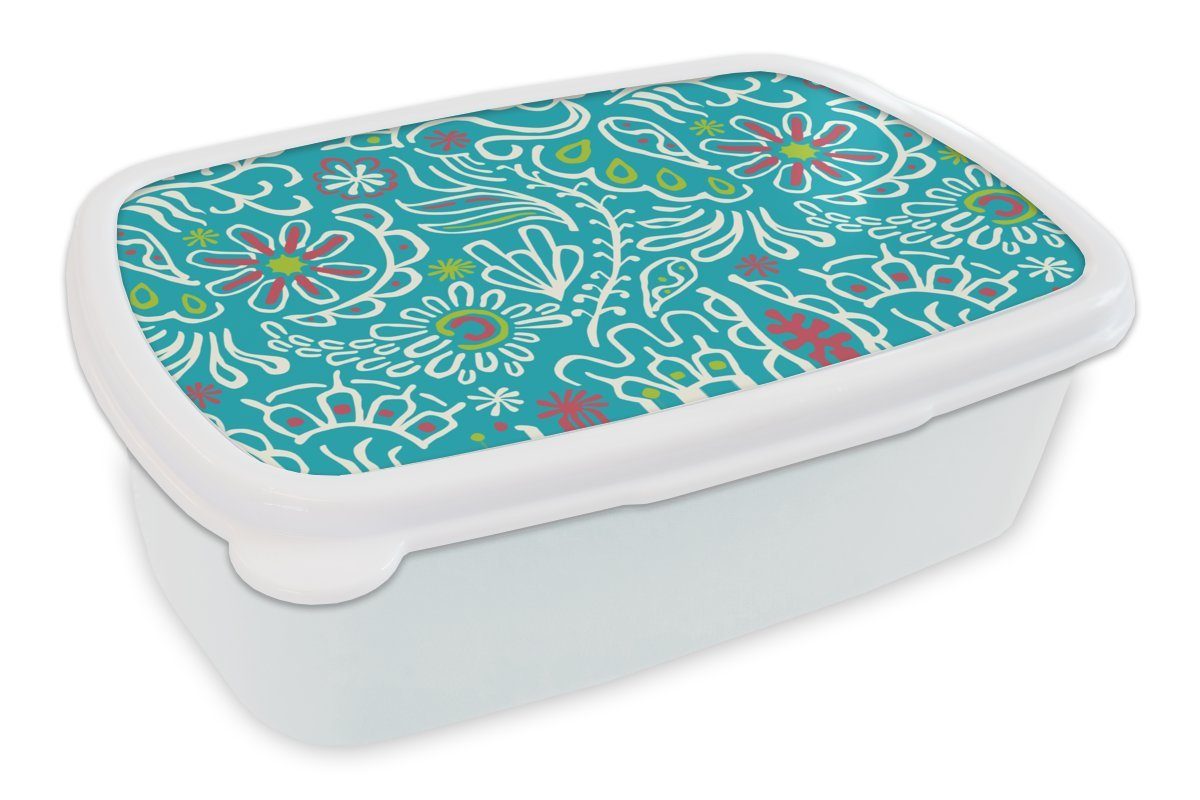 MuchoWow Lunchbox Blumen - Blätter - Tropisch - Design, Kunststoff, (2-tlg), Brotbox für Kinder und Erwachsene, Brotdose, für Jungs und Mädchen weiß