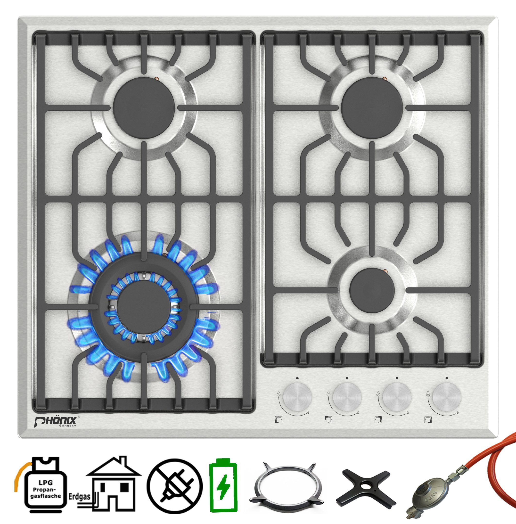 Phönix Germany Gas-Kochfeld PS-604BL, Gaskocher 4 flammig mit Zündsicherung, Propan- / Erdgas, H-Gas