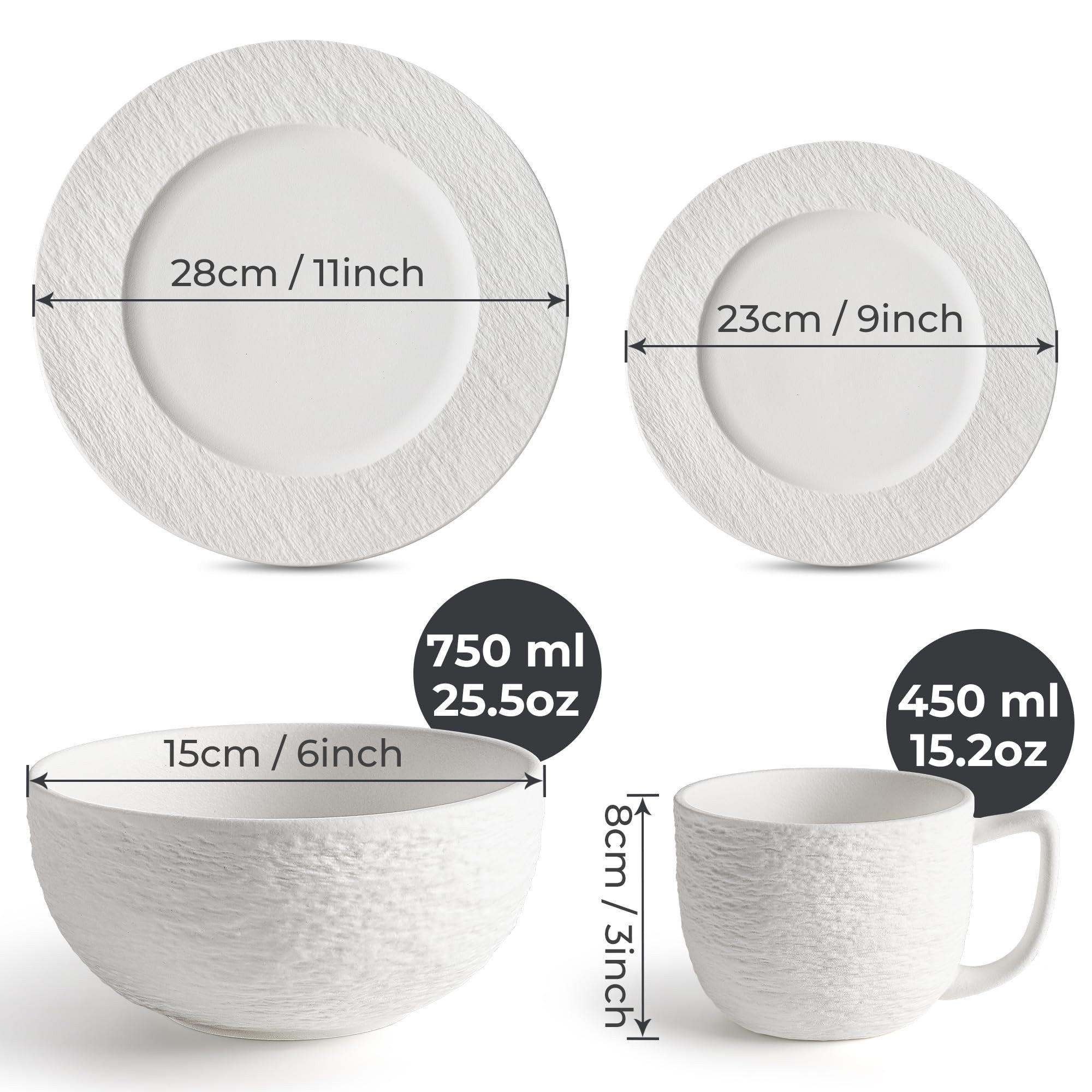 MiaMio Kombiservice 16tlg Geschirrset 4 Personen Kombiservice Keramik Weiß (16-tlg), 4 Personen, Steingut