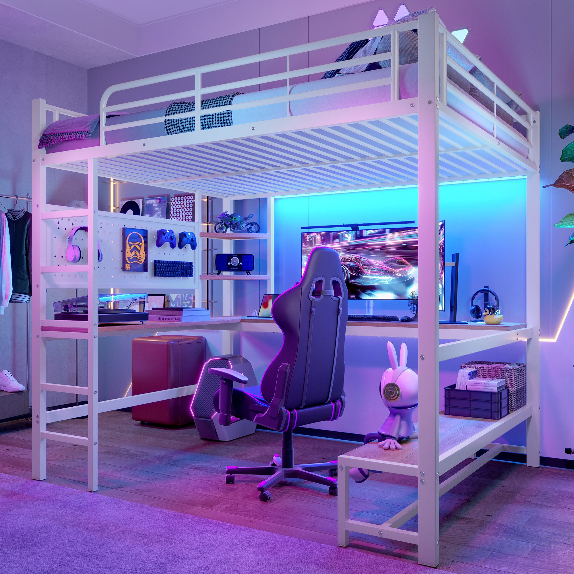 Flieks Hochbett Metallbett 140x200cm mit LED-Leiste, USB-Laden und Schreibtisch