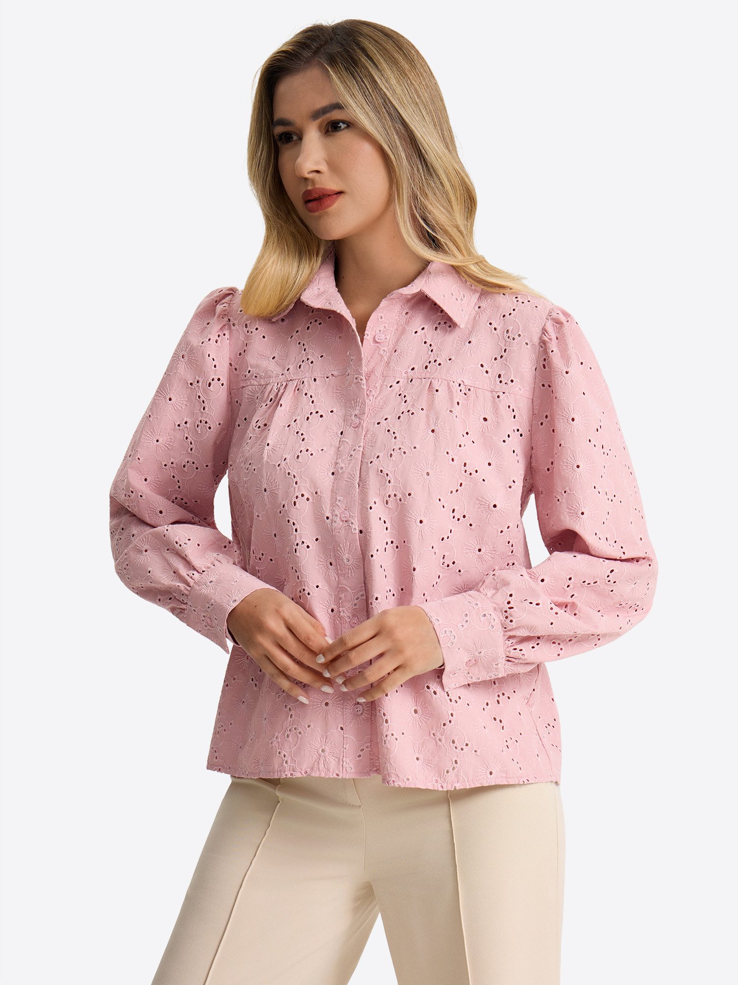Imily Bela Blusentop Damen Langarm Bluse mit Lochstickerei und Puffärmeln (Packung, 1-tlg., 1per-Pack) in Unifarbe