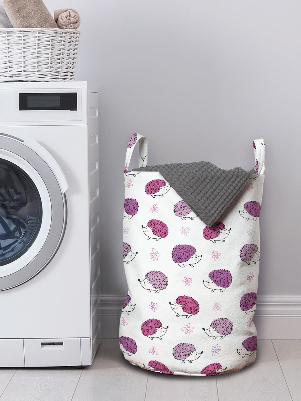 Wäschesäckchen für Gänseblümchen Griffen Wäschekorb Kordelzugverschluss Igel mit Abakuhaus Aquarellen Waschsalons,