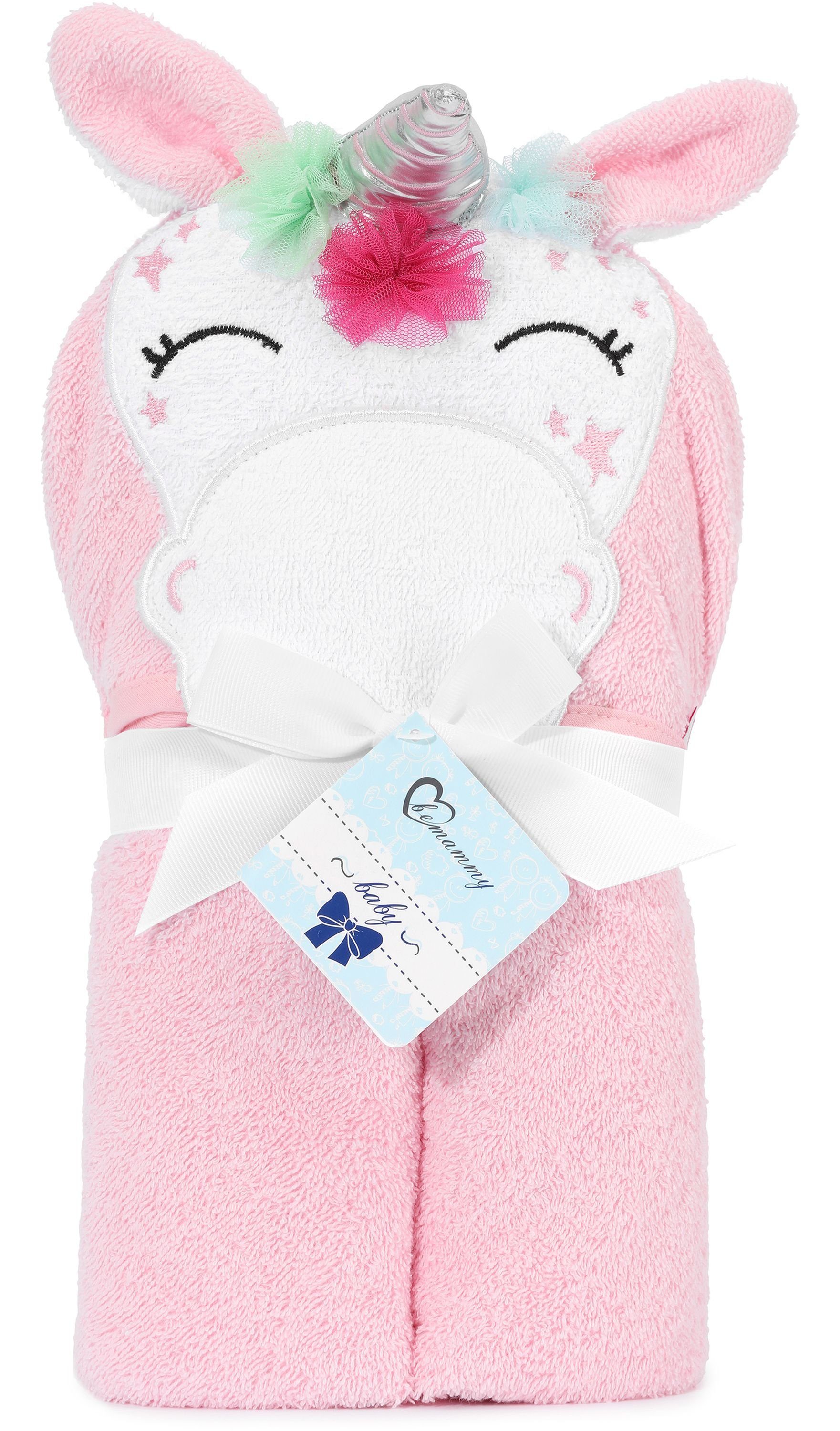 Be Mammy Babyhandtuch 95cm Frottee Handtücher Baumwolle Kapuzenhandtuch Einhorn aus BE20-272-BBL, x - 95cm Rosa (1-St)