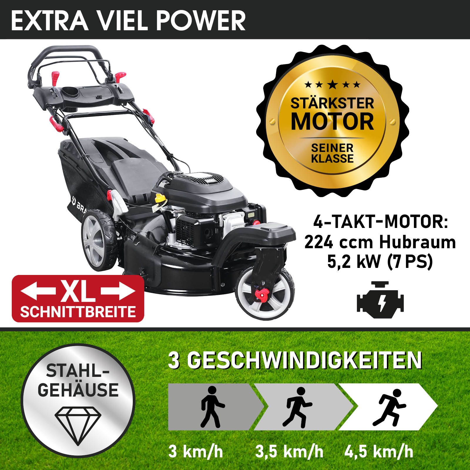 BRAST Benzinrasenmäher Trike mit variablen Antrieb 5,2kW(7PS), 4 Takt OHV Motor, TÜV, 53 cm Schnittbreite, 30-80mm Schnitthöhe, 60L Fangkorb, Stahlgehäuse