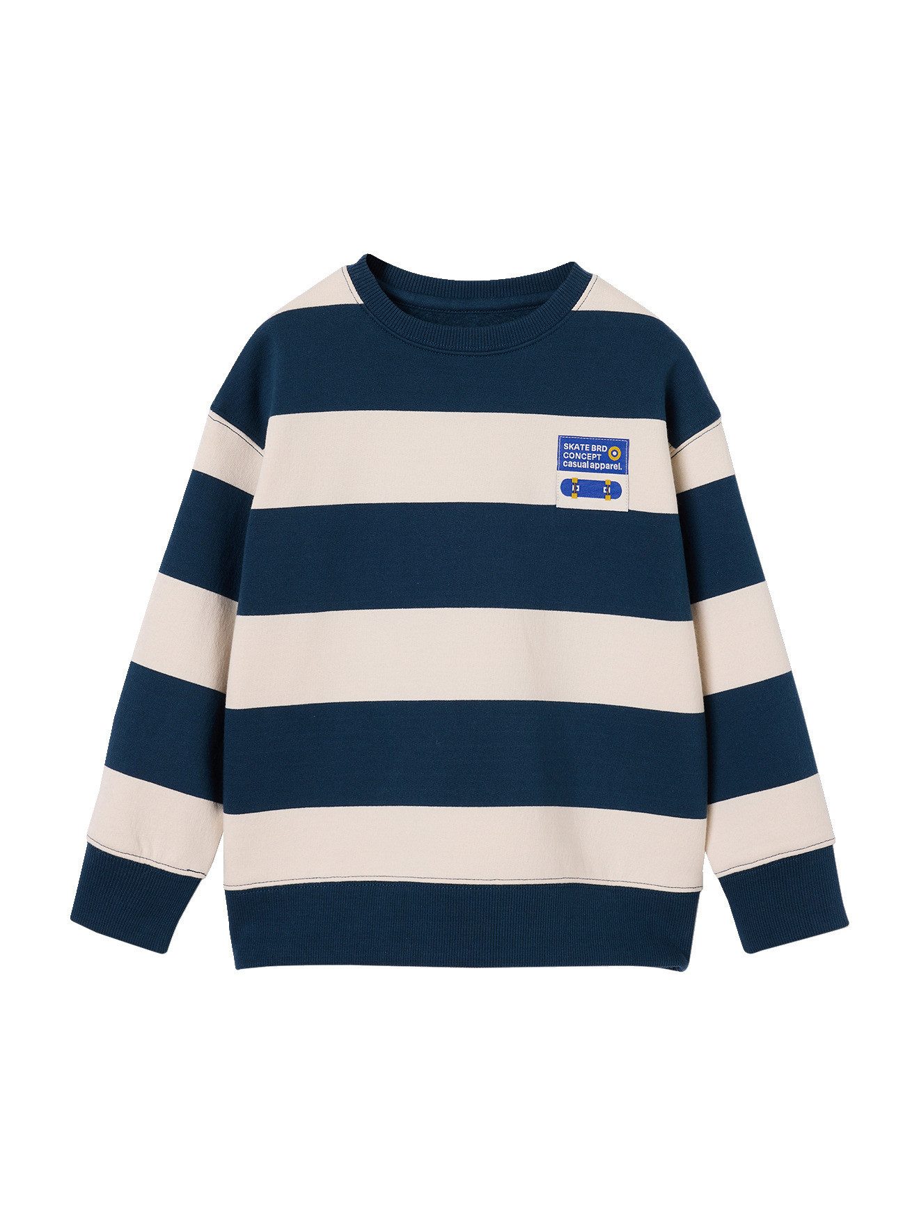 vertbaudet Fleecepullover Sweatshirt mit Streifen und Skater-Aufnäher Jungen