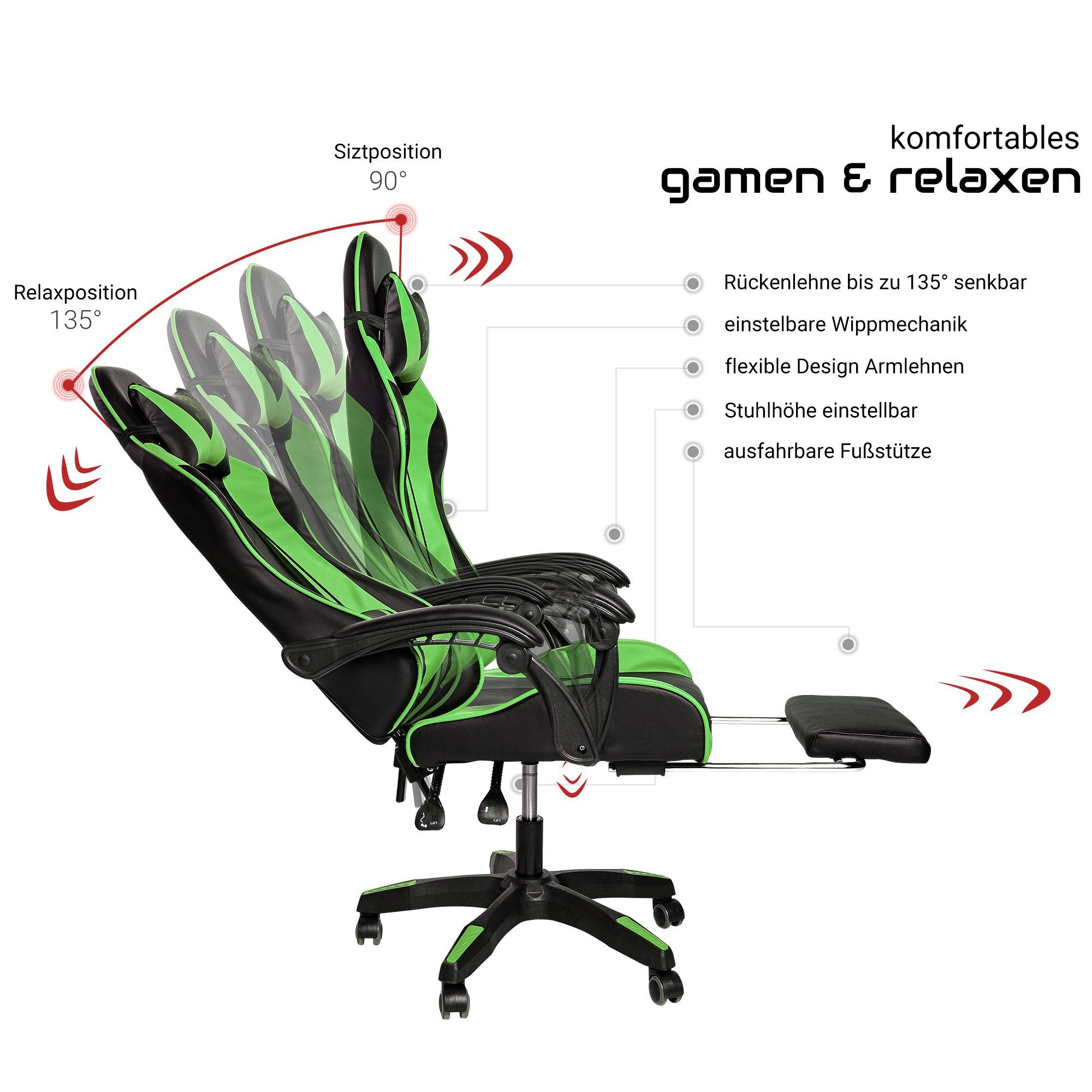 mit TRISENS (1 Chair Design-Armlehnen / Stuhl mit Grün Stück), Gaming Konrad Gaming Chefsessel Schwarz flexiblen Fußstütze