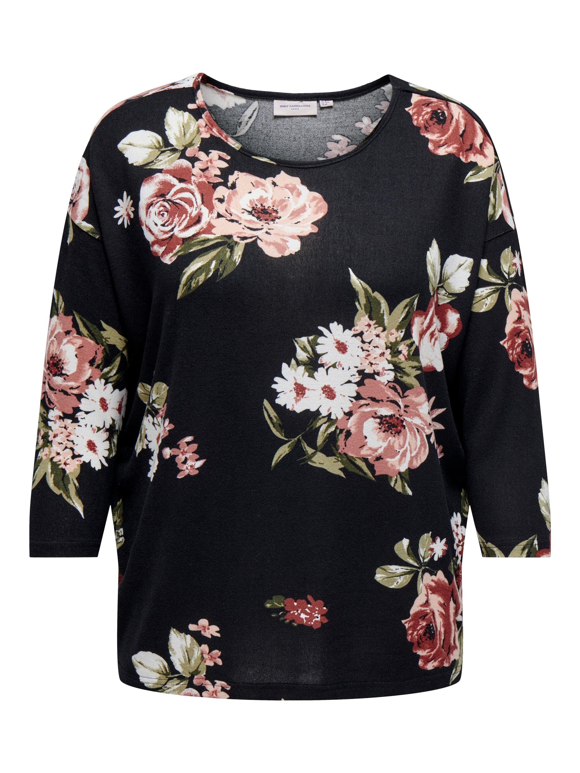 ONLY CARMAKOMA 3/4-Arm-Shirt CARALBA 3/4 TOP NOOS Black AOP:ROSE BOUQUET FLOWERS