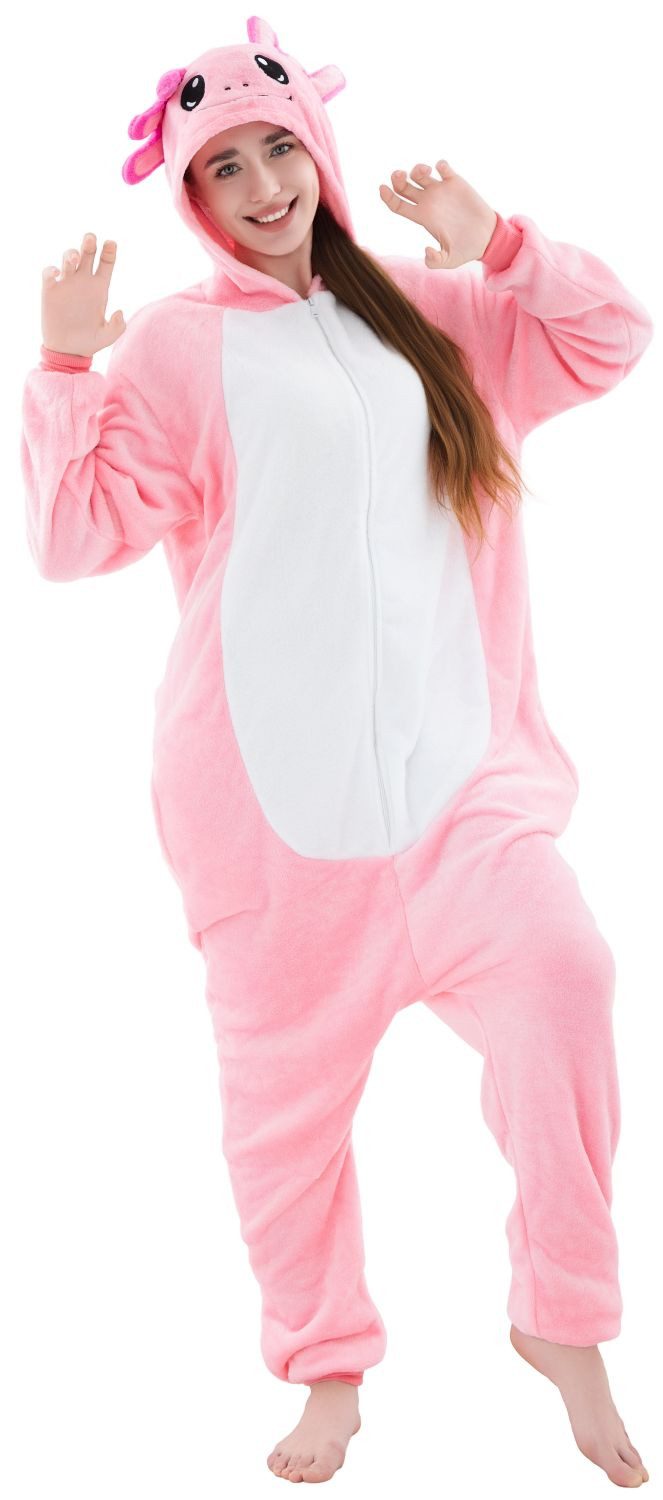 Corimori Partyanzug Onesie Ganzkörper Kostüm für Erwachsene, Axolotl-Kostüm Damen Herren Karneval Tier-Kostüme Axolotl Rosa,XL