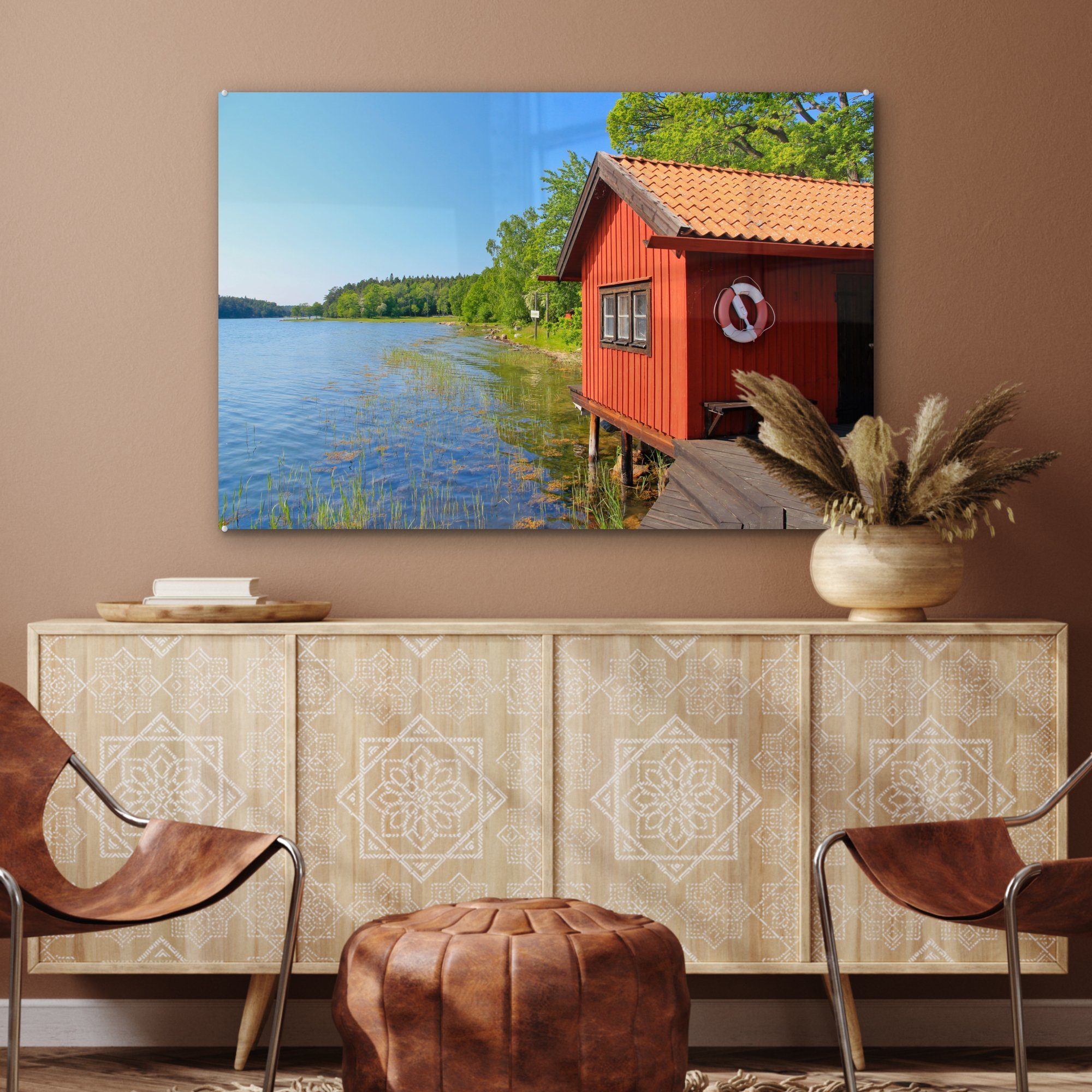 an (1 Acrylglasbilder im Schweden, Wohnzimmer einem Schlafzimmer St), Holzhaus & Acrylglasbild ruhigen See MuchoWow Ängsö-Nationalpark,