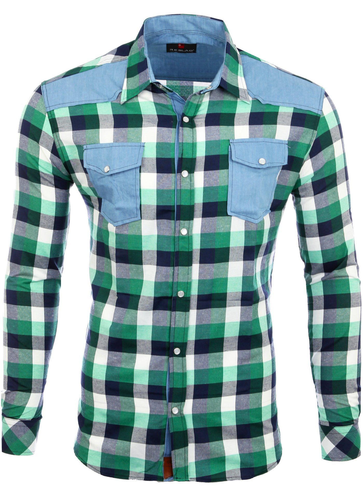 Reslad Langarmhemd Reslad Herren Hemd Karo Material-Mix Jeans RS-7202 (Herr günstig online kaufen