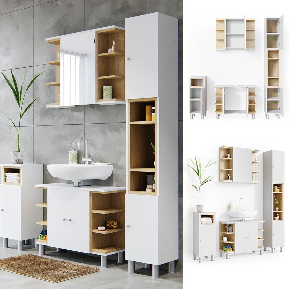 Set, Waschtischunterschrank 4-St., Weiß, Badmöbel Badezimmer-Set Set (4-er Aquis Oskar Badschrank Badschrank,Spiegelschrank,Waschtischunterschrank,Midischrank) Spiegel
