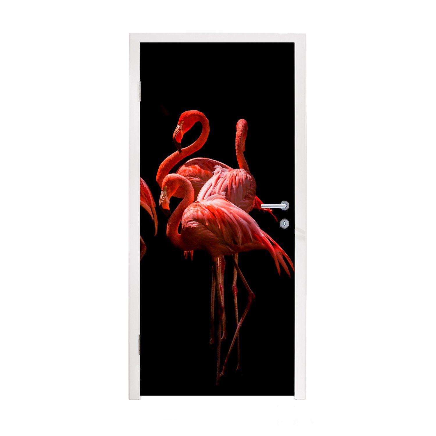 MuchoWow Türtapete Flamingos - Vögel - Federn - Schwarz, Matt, bedruckt, (1 St), Fototapete für Tür, Türaufkleber, 75x205 cm | Türtapeten