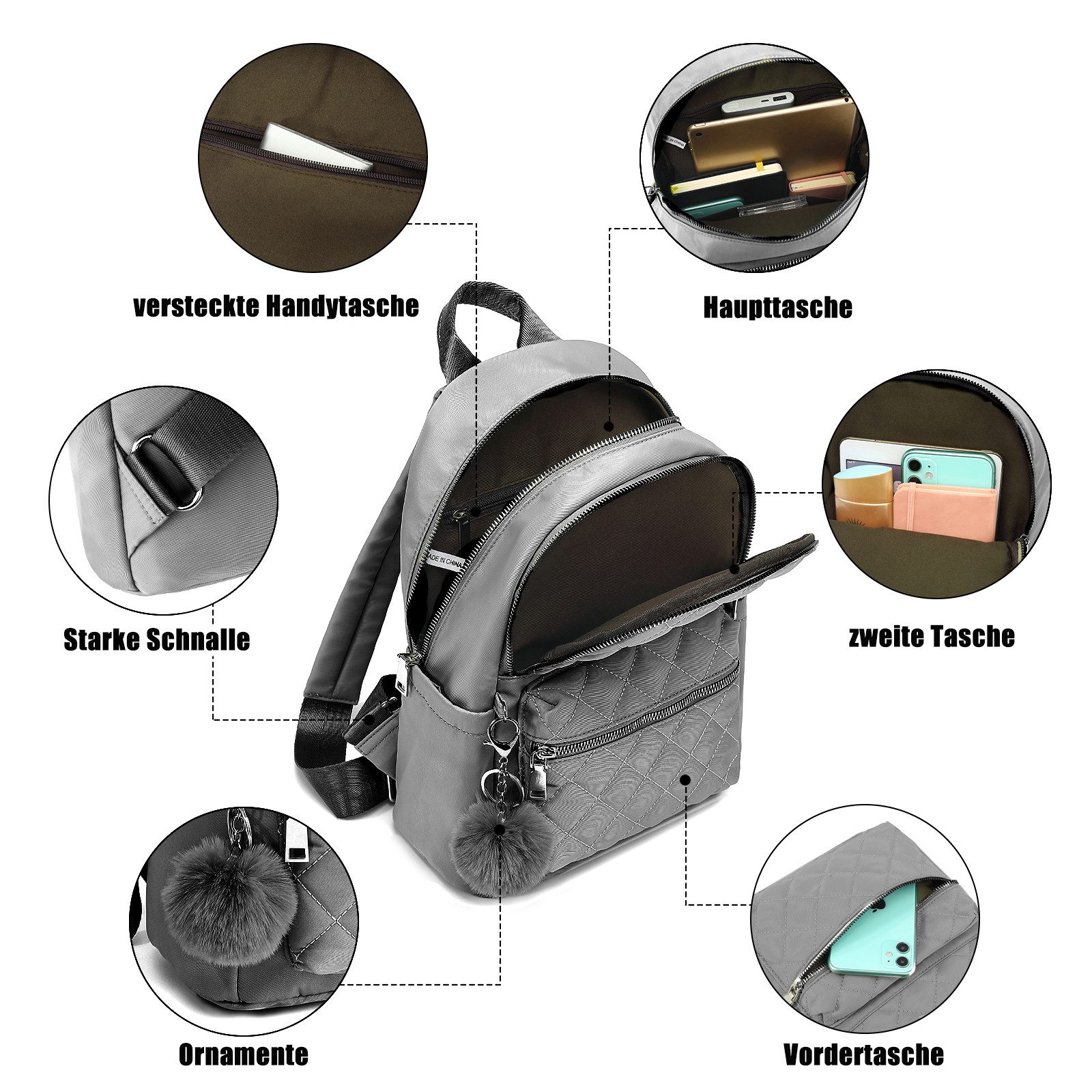 TAN.TOMI Cityrucksack Rucksack Damen Klein, Cityrucksack Nylon Wasserdicht Rucksäcke, Für Schule Travel Wandern Arbeit – Bild 4 von 5