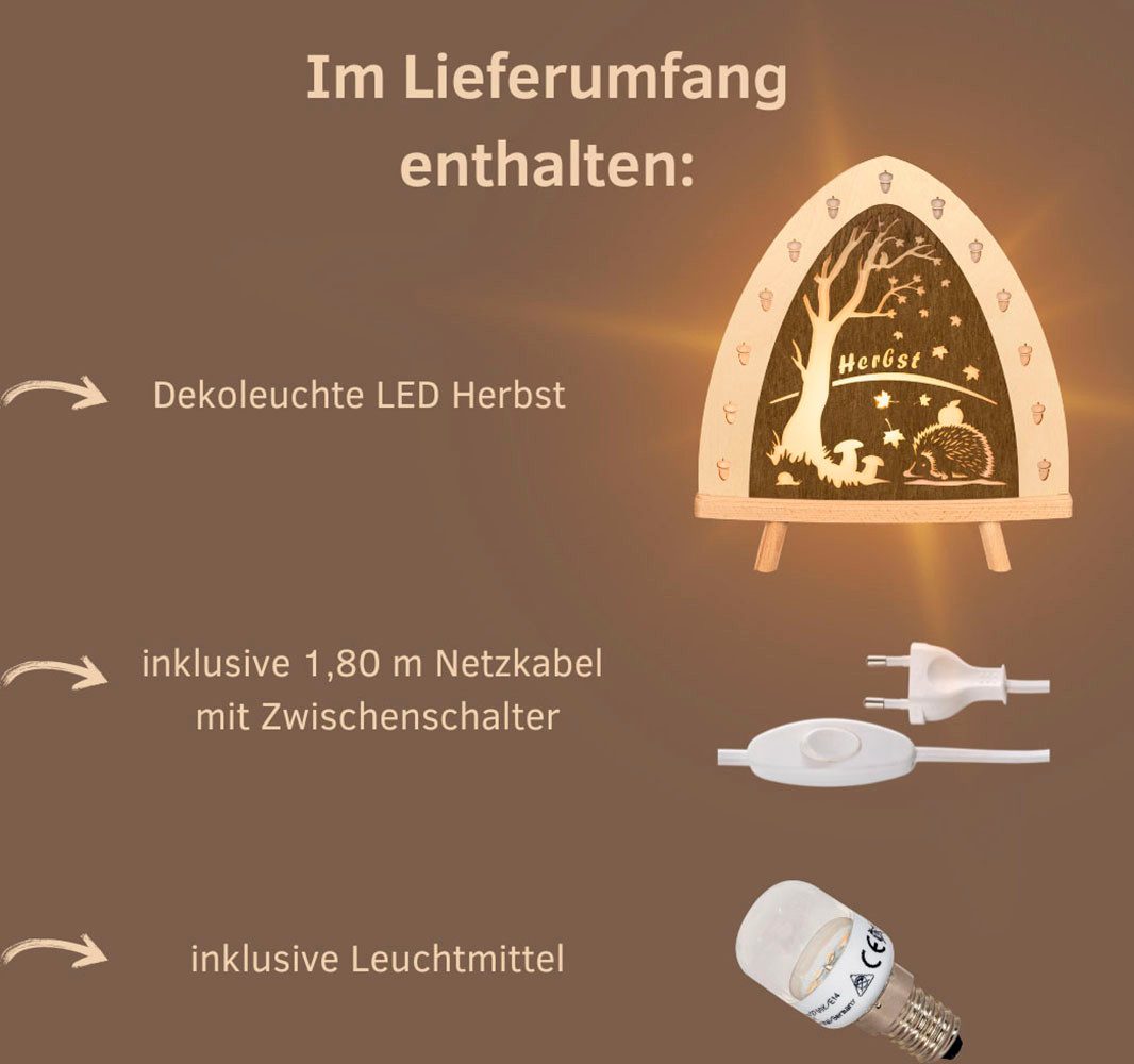 Weigla LED Dekolicht Herbst, Tischleuchte aus Holz, NATUR-BRAUN, Made in Germany, LED wechselbar, Erzgebirge garantiert, Herbstdeko innen, Tischlampe