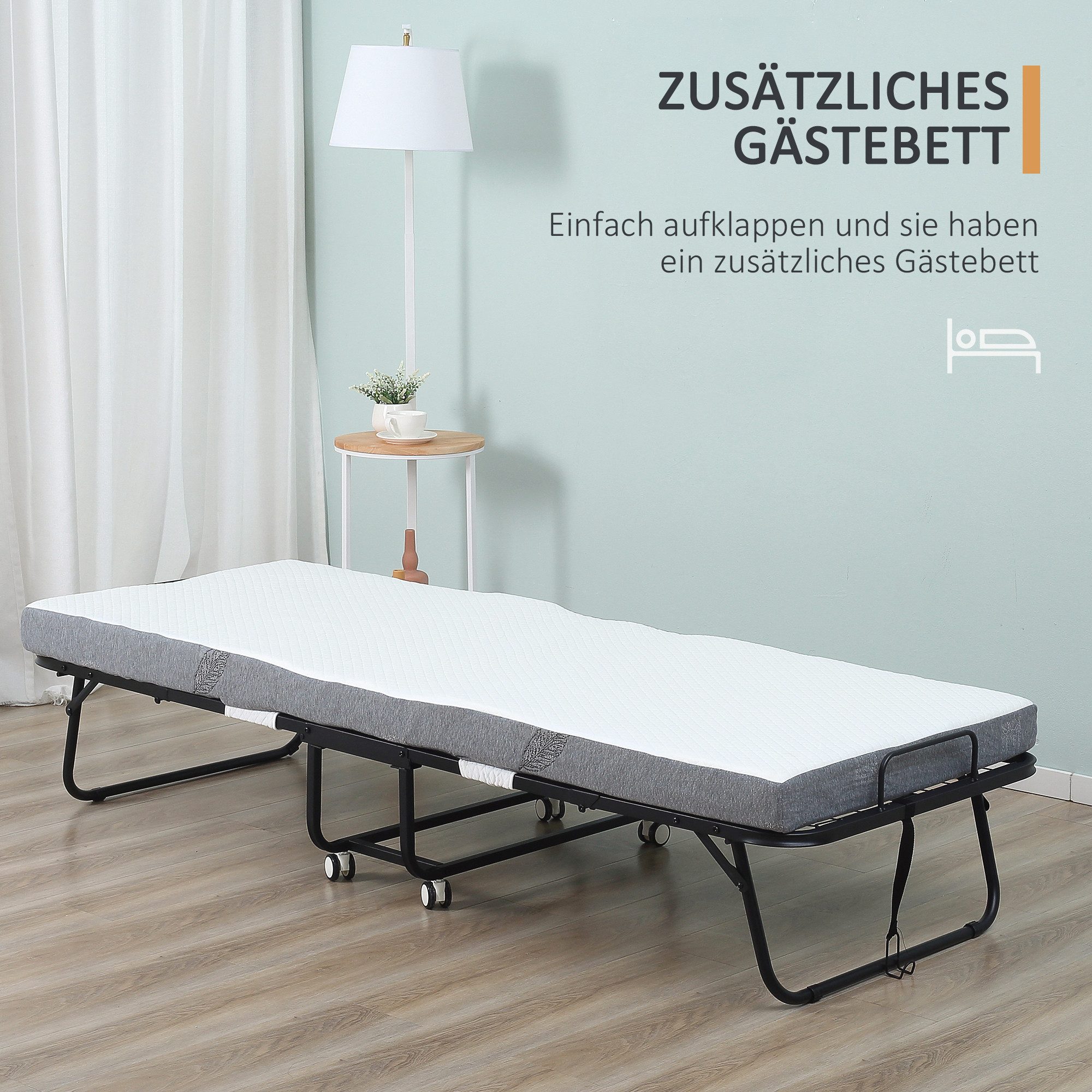 HOMCOM Gästebett Klappbett 90x200 cm mit 10cm Dicker Schaumstoff Einzelbett (Reisebett, 1-St., Feldbett mit Stahlrahmen) mit Rollen bis 150 kg belastbar – Bild 4 von 5