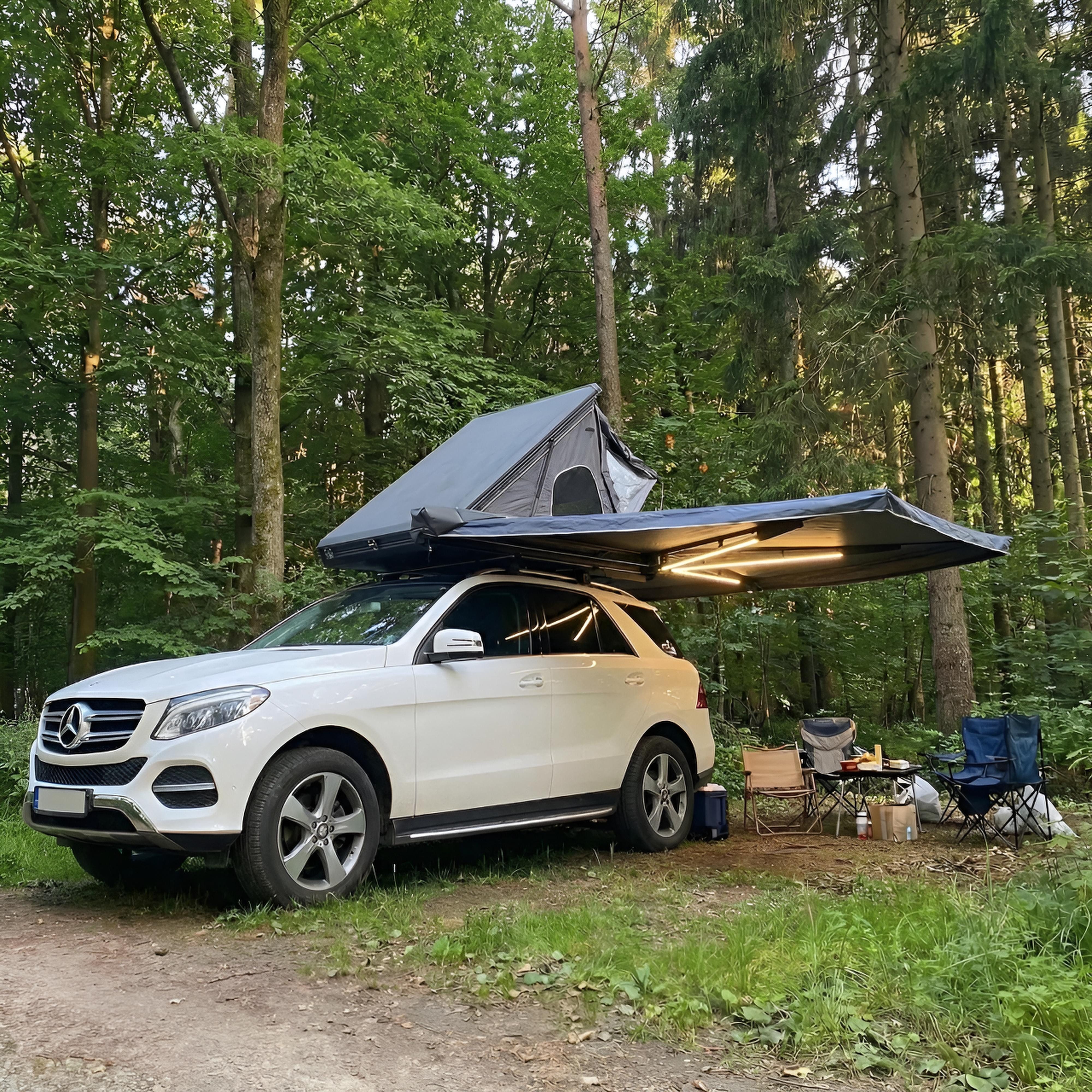 TZIpower Markisenvorzelt 270° Autodachmarkise Auto Markise, Vordach, Dachzelt Schwarz/Grau LED