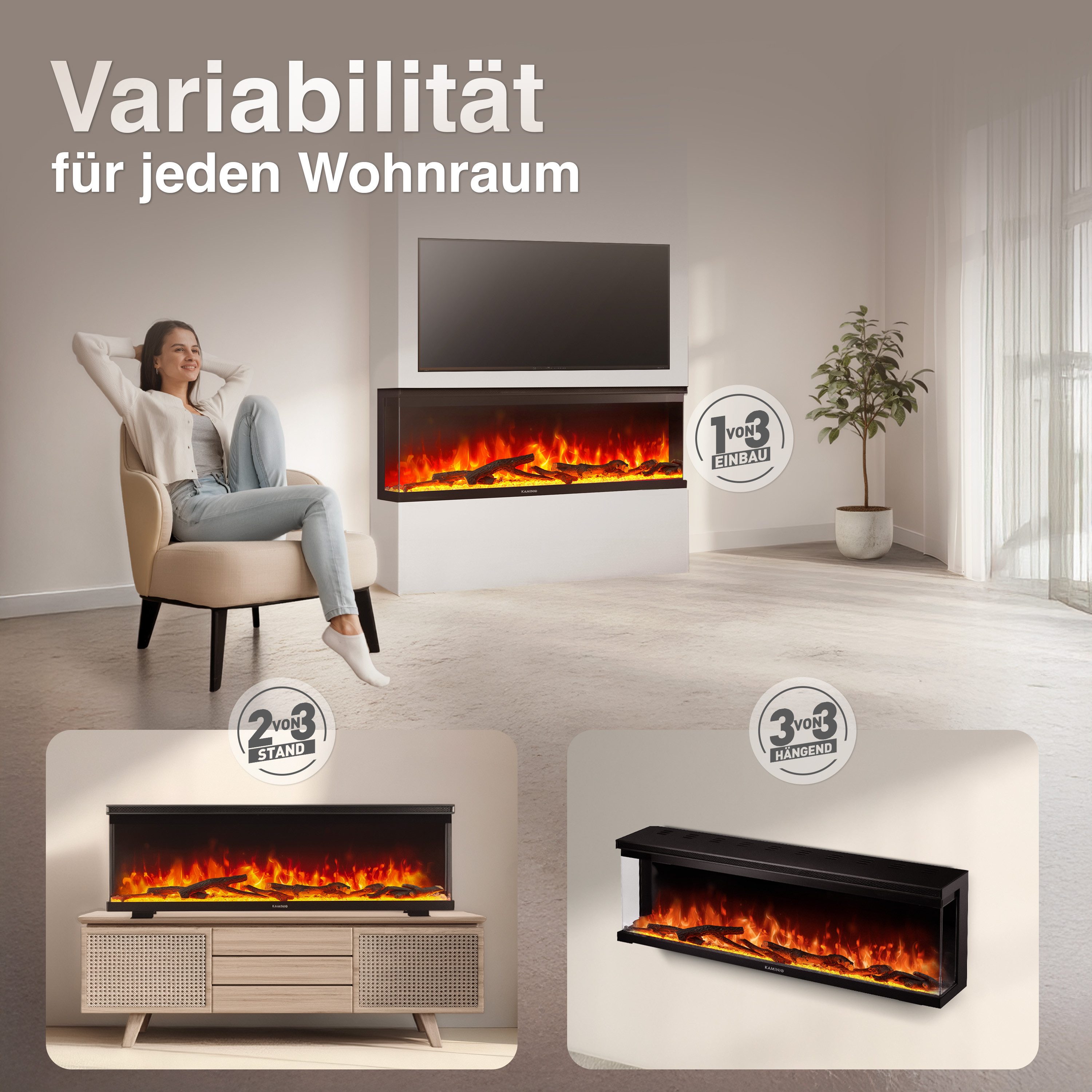 KAMINIO Elektrokamin LEA, 3in1 Kamin: Elektrischer Stand-, Wand- und Einbaukamin, Panoramaview