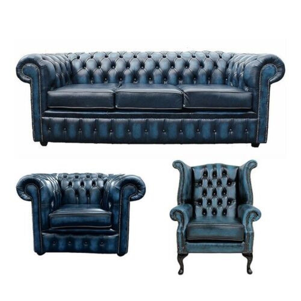 Leder Sofagarnitur in Couch Europe Garnitur, Sofa JVmoebel Chesterfield Polster Made Blaue