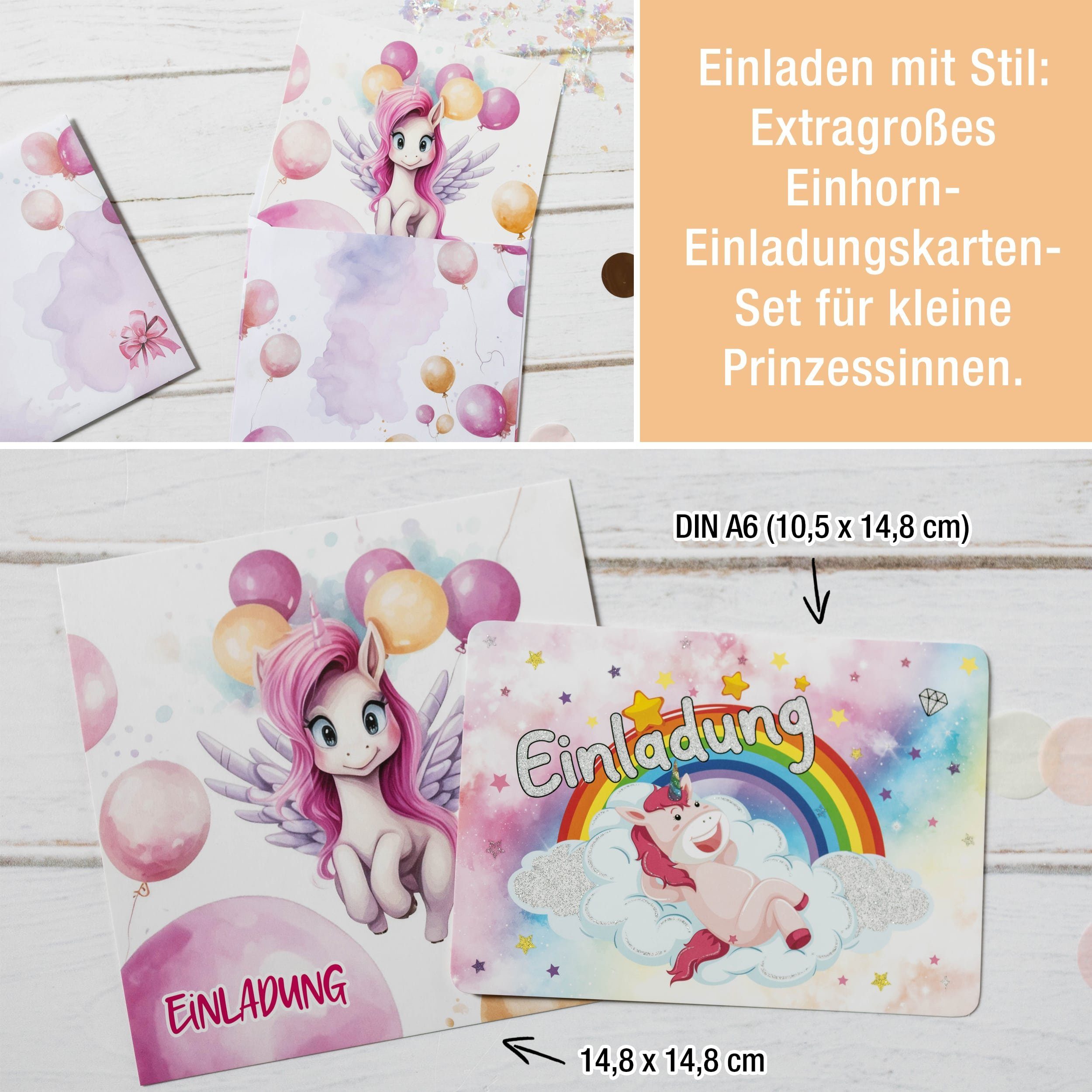 TOBJA Grußkarte Süße inkl Einladung Kindergeburtstag Mädchen Geburtstag XXL Einladungskarten Sticker, Kinder Einhorn Umschläge &