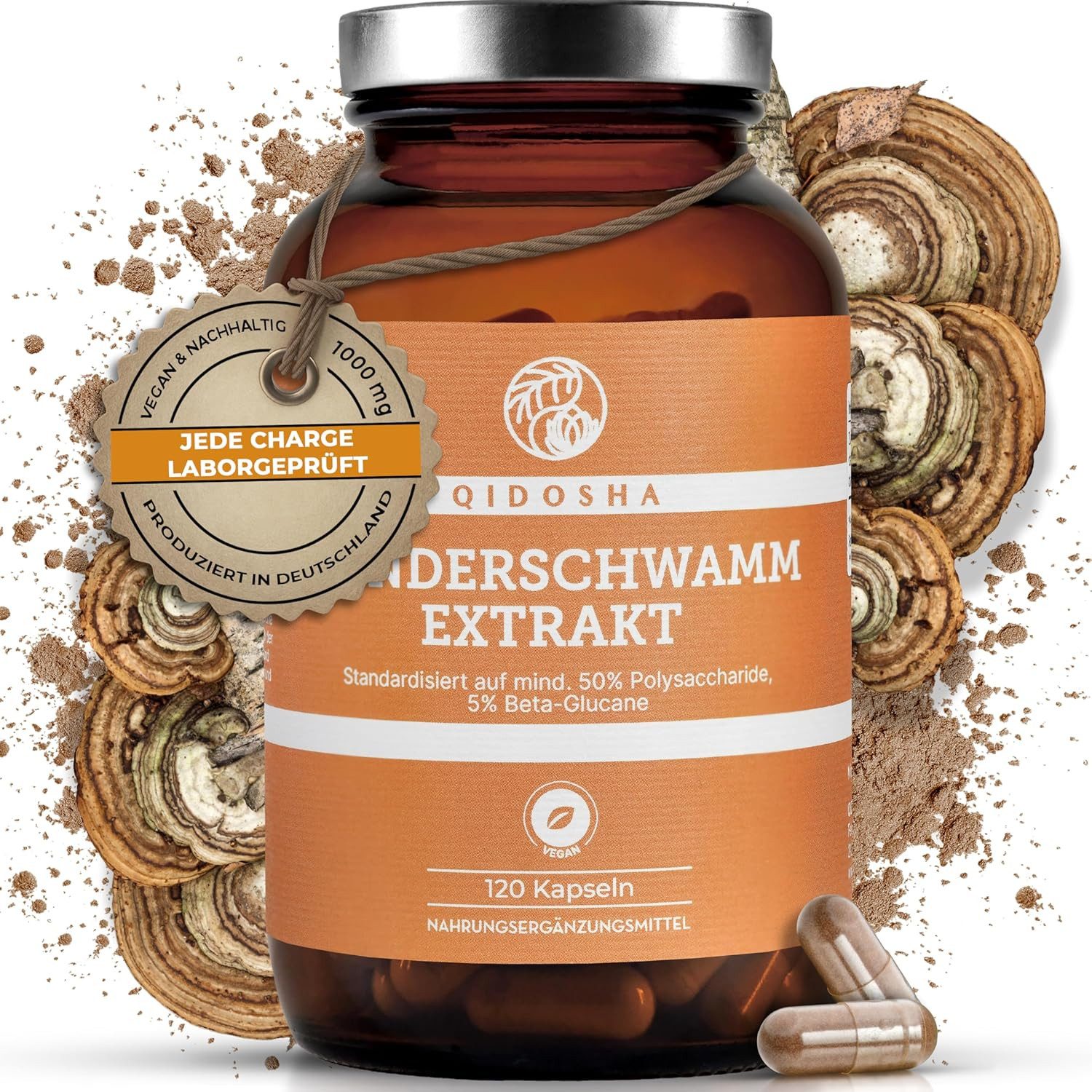QIDOSHA Zunderschwamm Extrakt Kapseln, 120 Stk im Apothekerglas, hochreiner Fomes fomentarius Extrakt mit 500mg je Kapsel, davon 50% Pilz-Polysaccharide mit mindestens 5% Beta-Glucanen, dt Fertigung à 120 St., 71.4 g