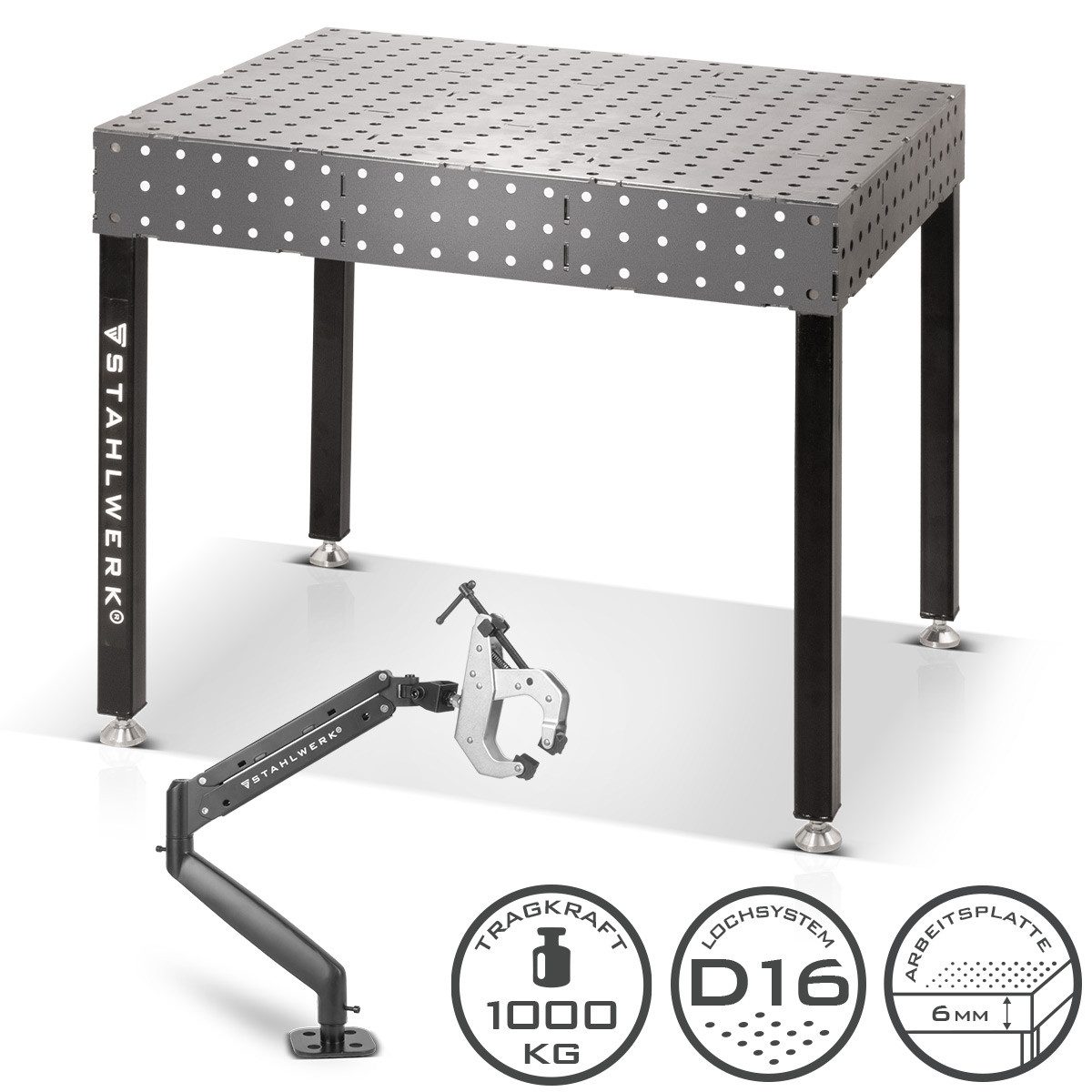 STAHLWERK Werkbank Schweißtisch Werkbank 100 x 80 cm 1000 kg mit FlexArm D16 Base