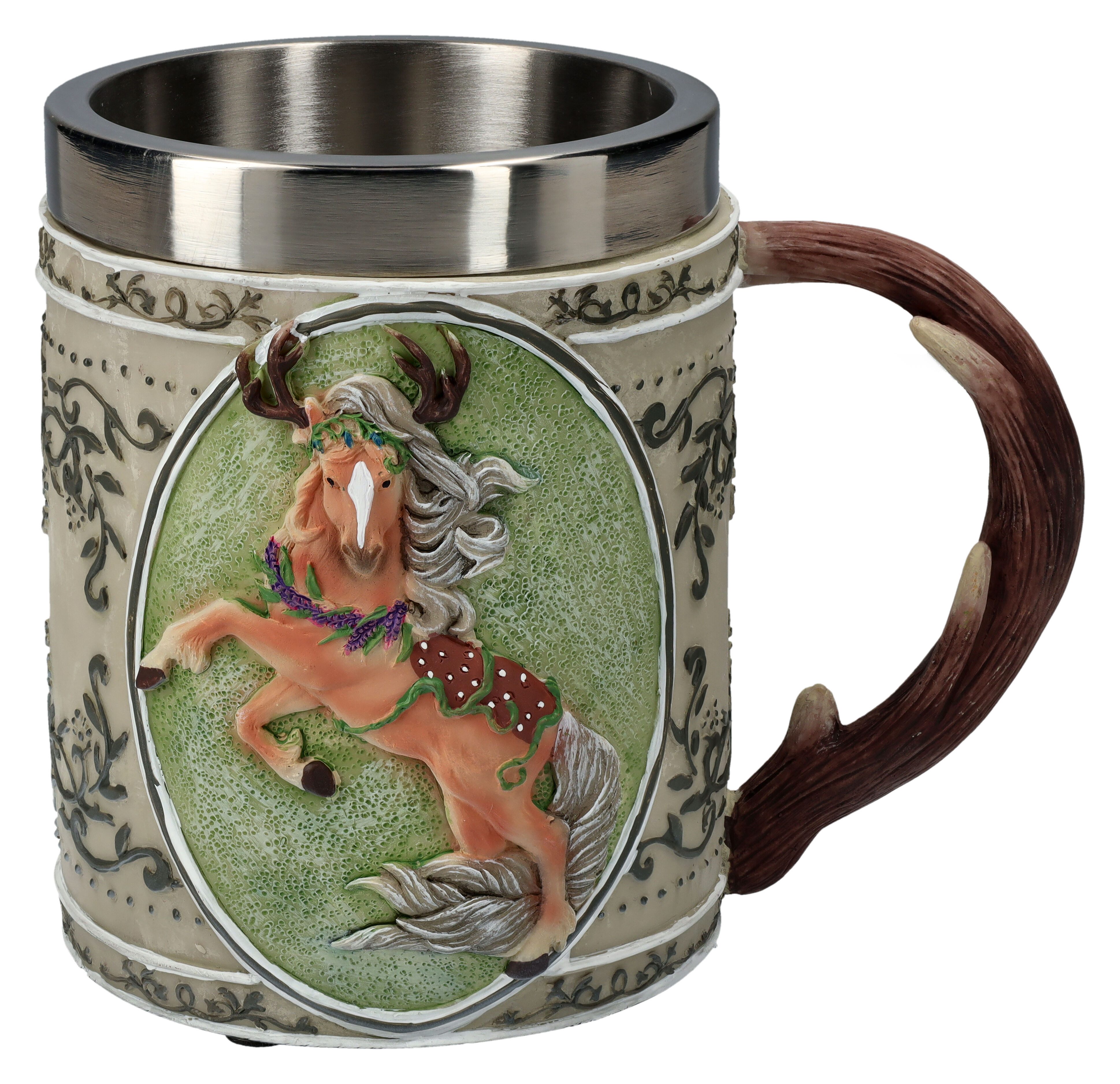 Figuren Shop GmbH Bierkrug Krug Pferd - Forest Spirit - Wald Tierdeko Bierkrug Dekoration, Kunststein (Polyresin), Edelstahl