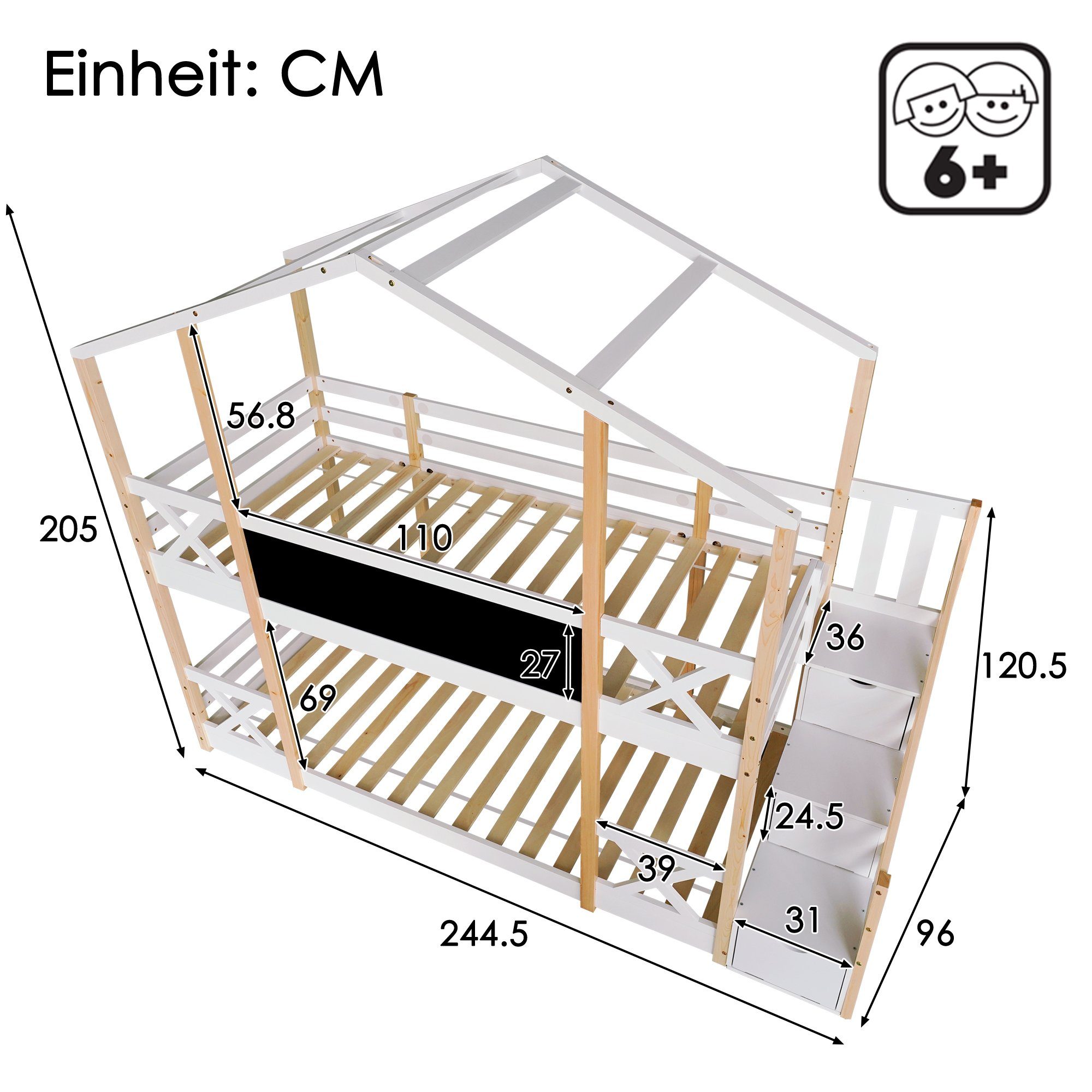 Etagenbett (Kinderbett), Hochbett mit Rausfallschutz, 3 Schubladen und Lattenrost, 90x200cm