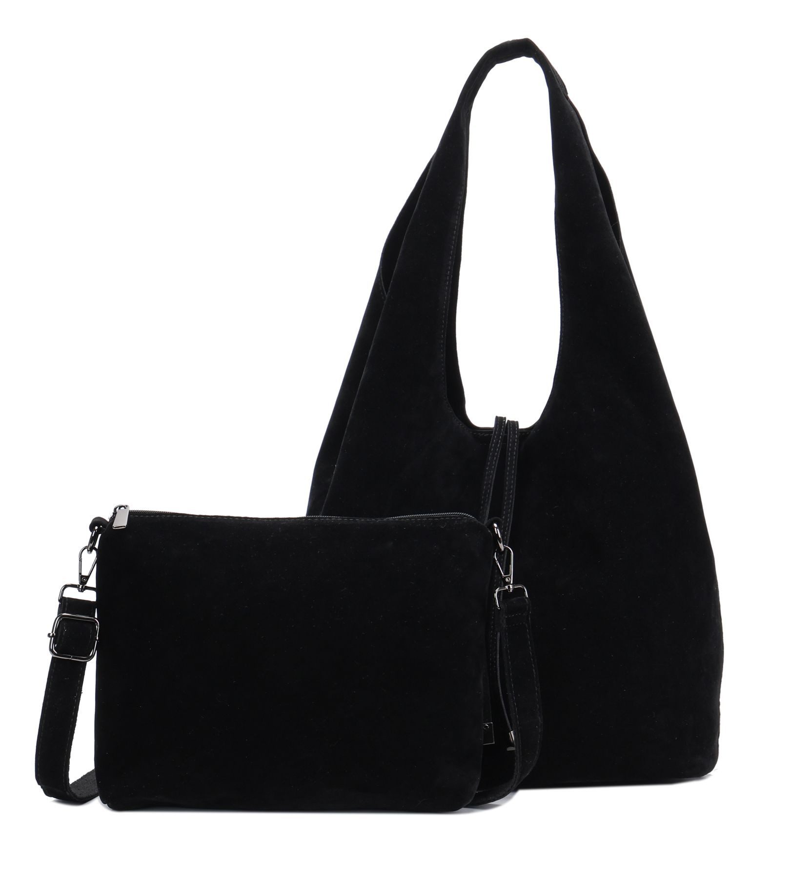 ITALYSHOP24 Schultertasche Damen Tasche Set 2in1 Shopper Hobo Bag Handtasche Crossbody Velours (Spar-Set 2 in1 Hobo + Crossbody Bag / Schmucktasche, Leichtgewicht, Wildleder Optik), Umhängetasche Workbag Body Bag Beuteltasche Freizeit Wildleder Optik