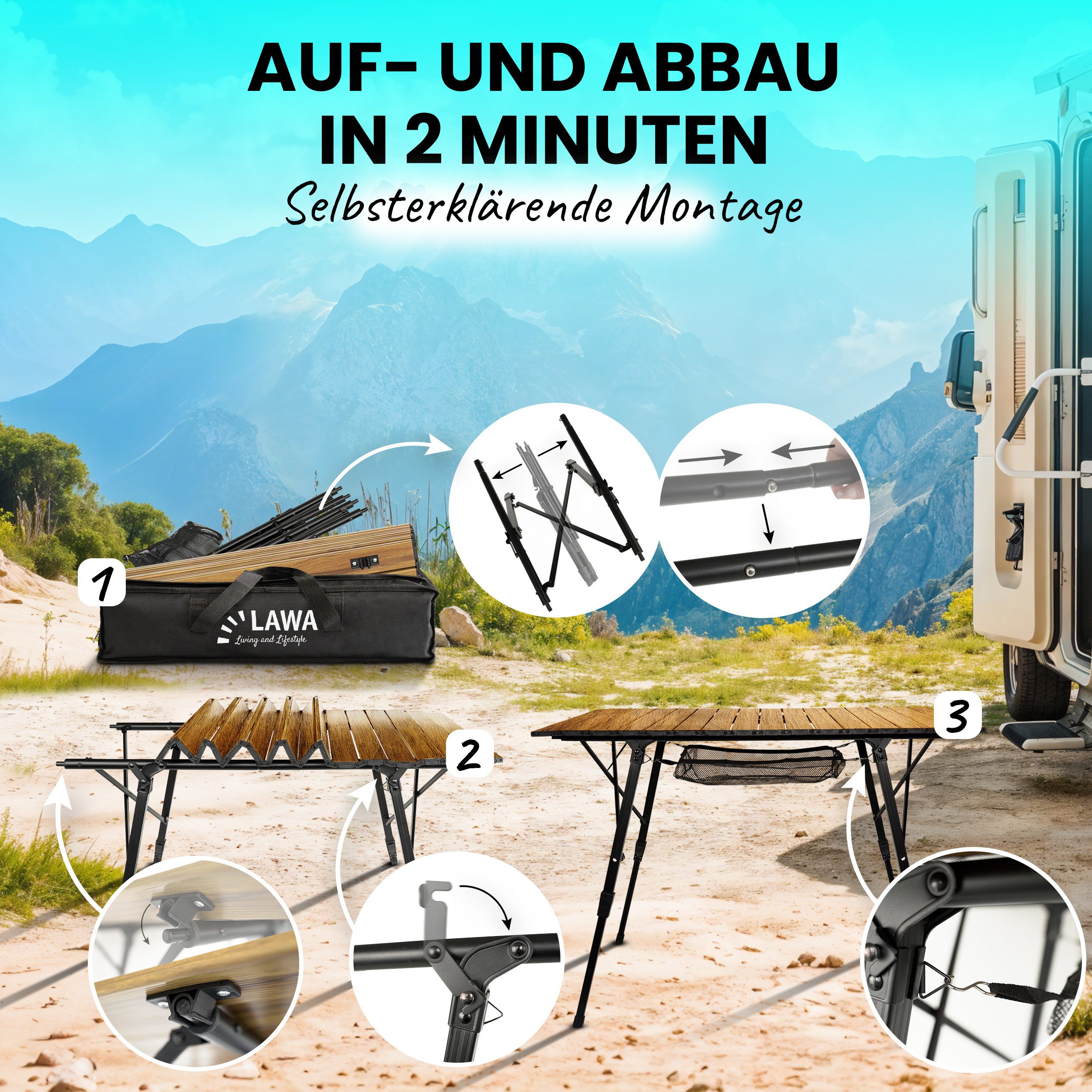 LAWA Living and Lifestyle Campingtisch Falttisch Outdoor höhenverstellbar Aluminium 2 Personen 92 x 60 cm, Holzdekor, faltbar, ultraleicht, klappbar, rostfrei, kompakt, stabil