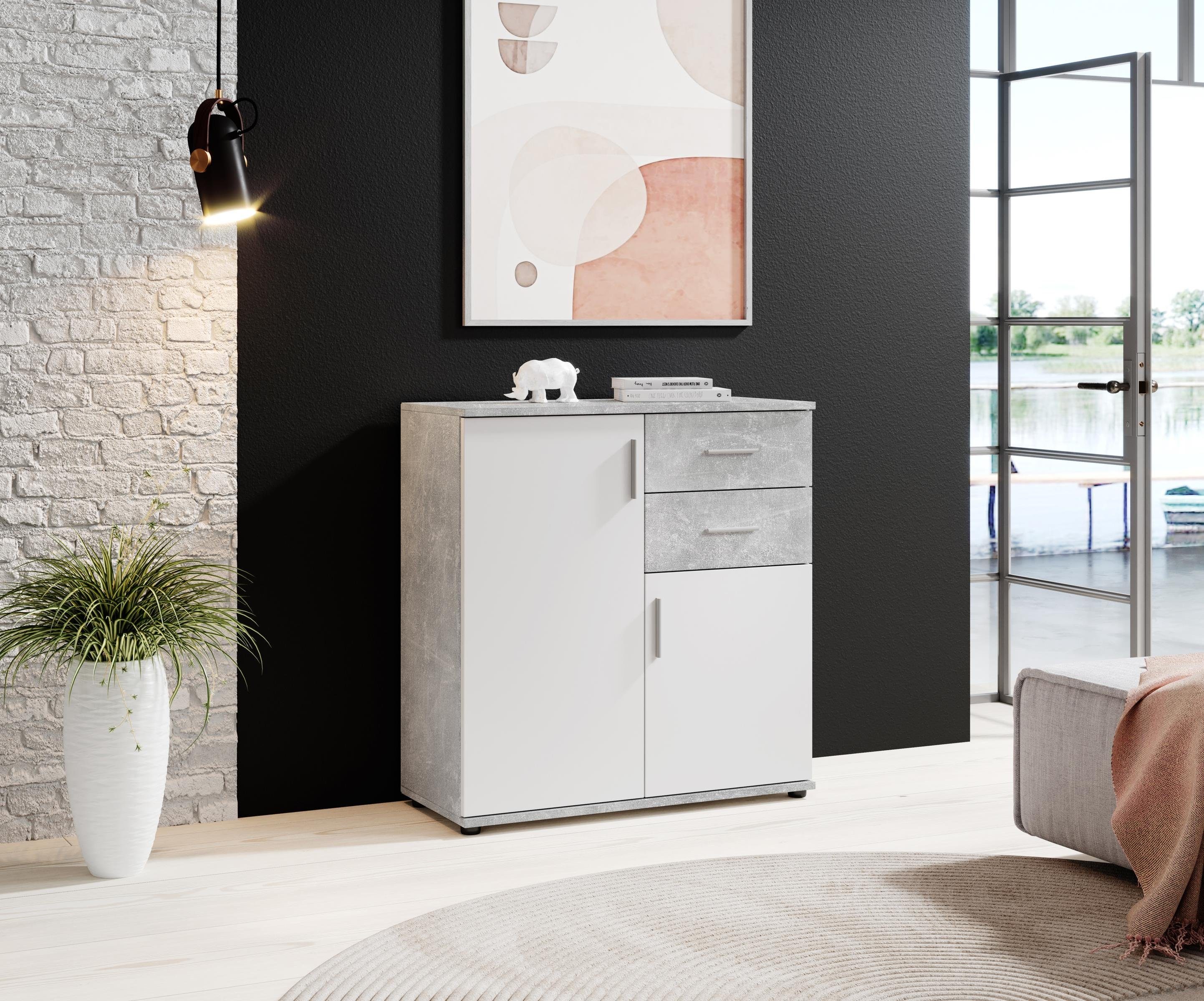 Bega Consult Kommode aus Spanplatte, in Beton / Weiß, mit 2 Türen, 2 Schubkästen (B/H/T 80 x 82 x 35 cm)