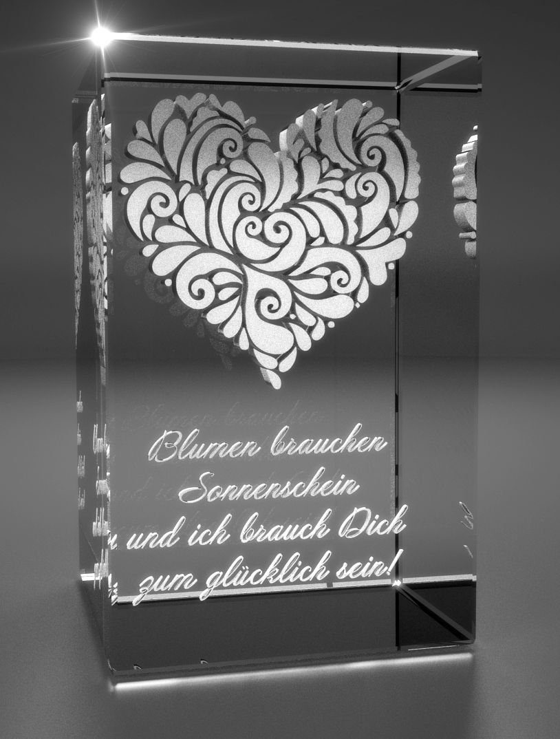 Dekofigur Herz Familienbetrieb 3D VIP-LASER Made Germany, Sonnenschein Hochwertige in Glasquader verziertes Geschenkbox, ich, Blumen und brauchen