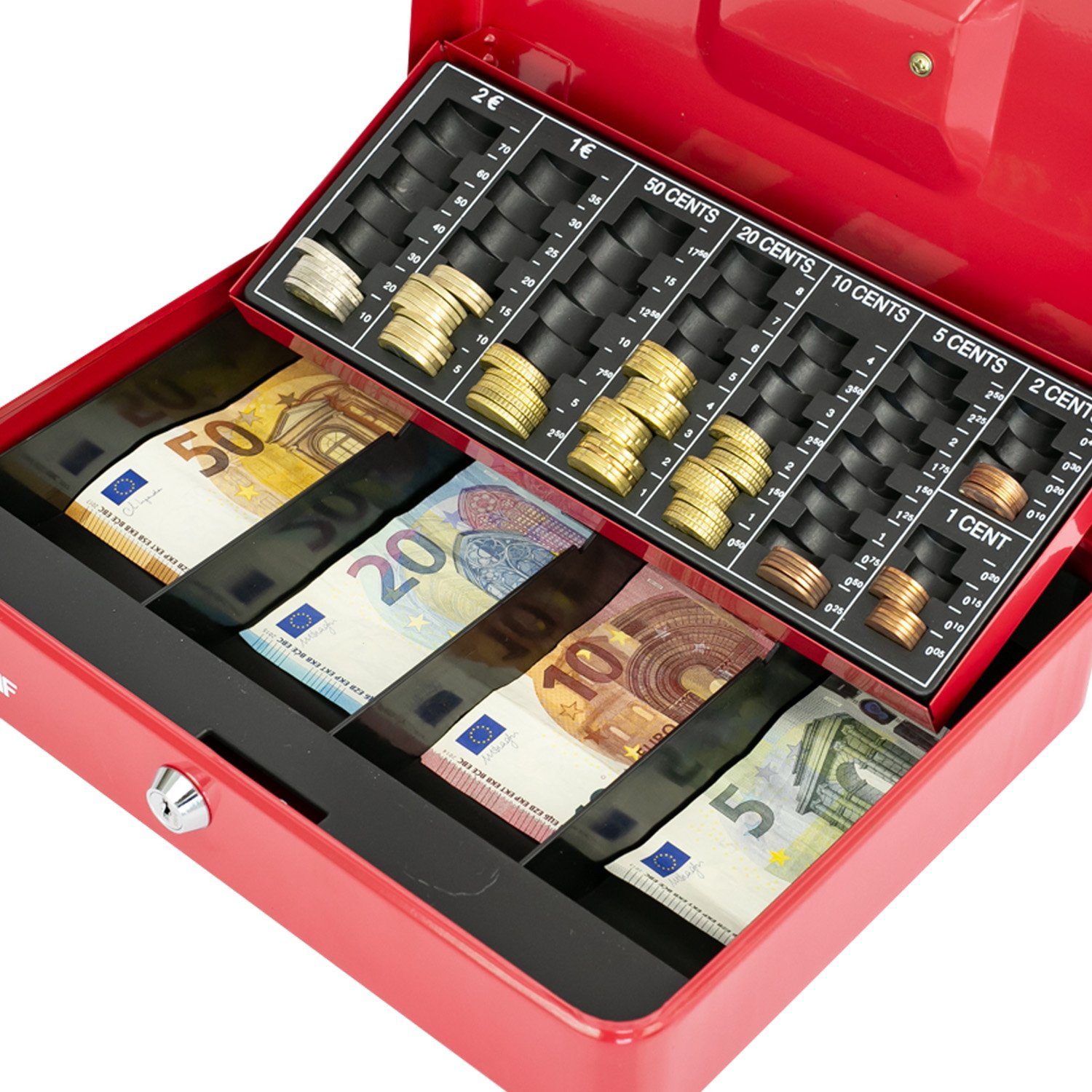 robuste HMF 30,5x24x8,5cm mit Schlüssel, Geldbox Münzzählbrett Scheinfach, mit Abschließbare rot Geldkassette Bargeldkasse und