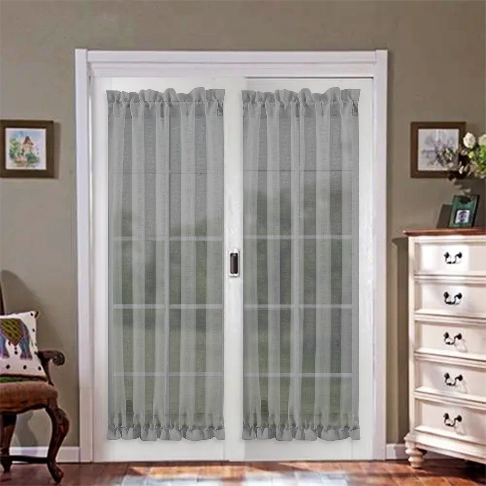 BTTO V&G Türvorhang Türvorhang Weiß/Grau,Französisch Tür Vorhang,Voile Kurze Vorhänge (1 St), halbtransparent, Kräuselband