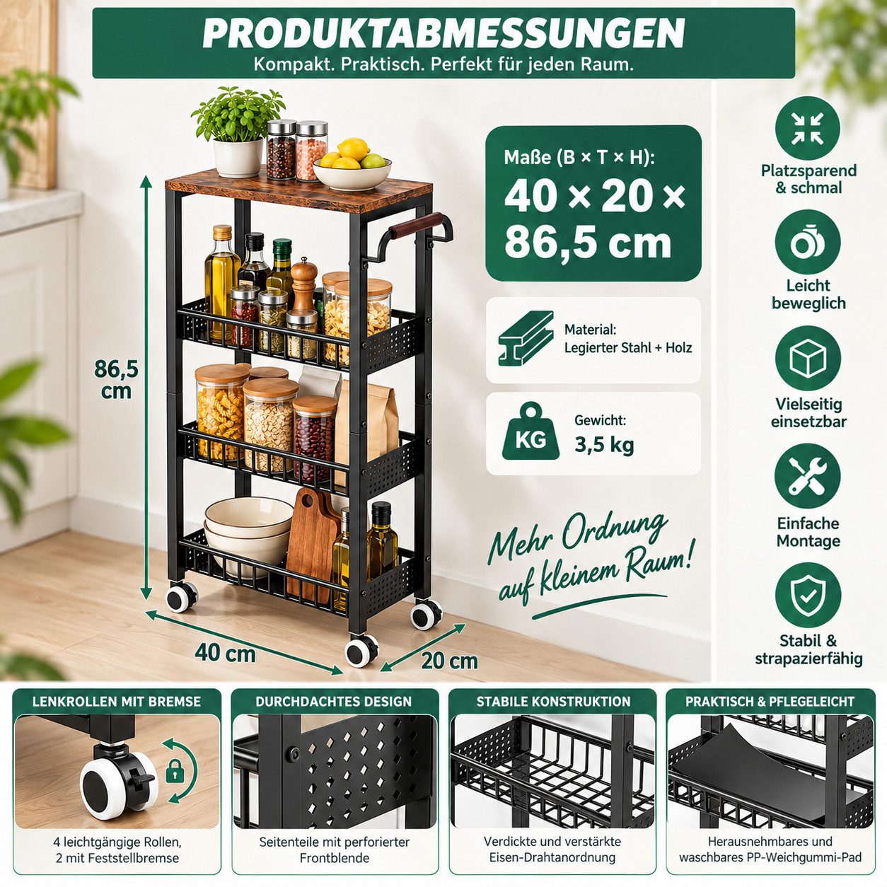 LEMLIT Rollwagen Küchenwagen 4 Etagen Schmal Mit Rollen Und Holzplatte, (1er Set, 1 St., Produktmaße: 40 x 20 x 86,5 cm), 3 Metallkörbe, 2 Bremsrollen, Für Küch – Bild 2 von 5