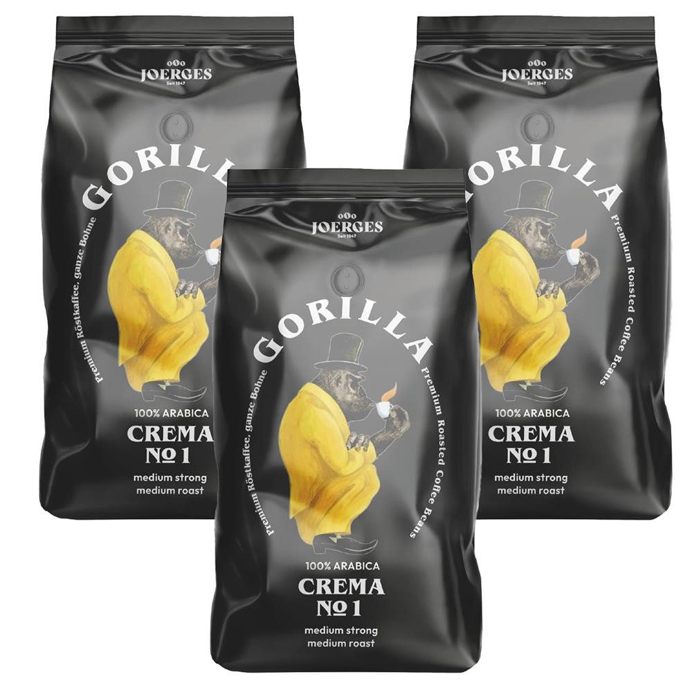 Gorilla Kaffee Joerges Crema No.1 ganze Kaffeebohnen schonend geröstet, 3 x 1000 g, 100% feinste Hochland Arabica-Bohnen