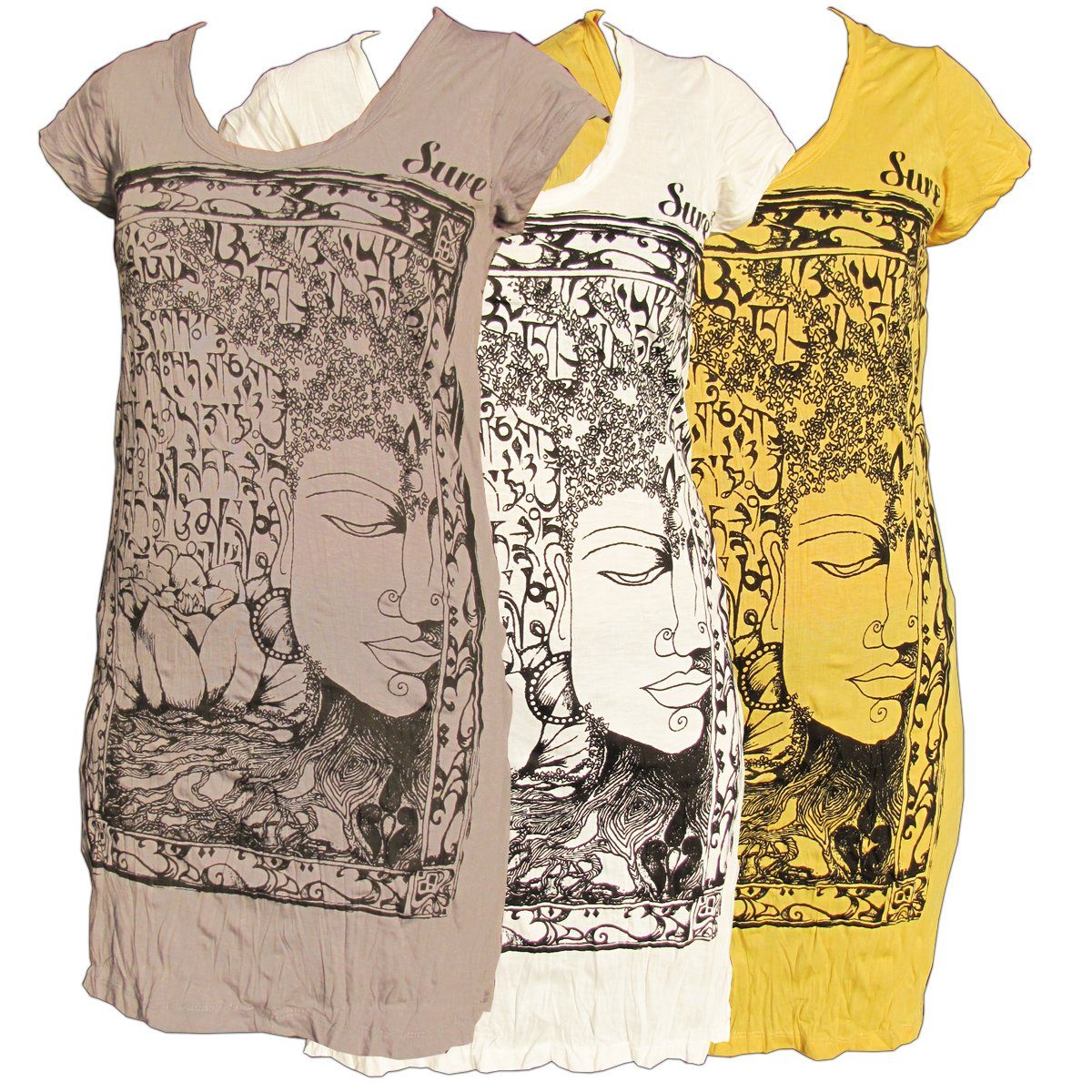 PANASIAM Tunikakleid Longshirt Vintage weicher zu 'Buddha-Face' T-Shirt weiß M Baumwolle aus langes Shirtkleid als Tunika Shirt oder in extra tragen Gr