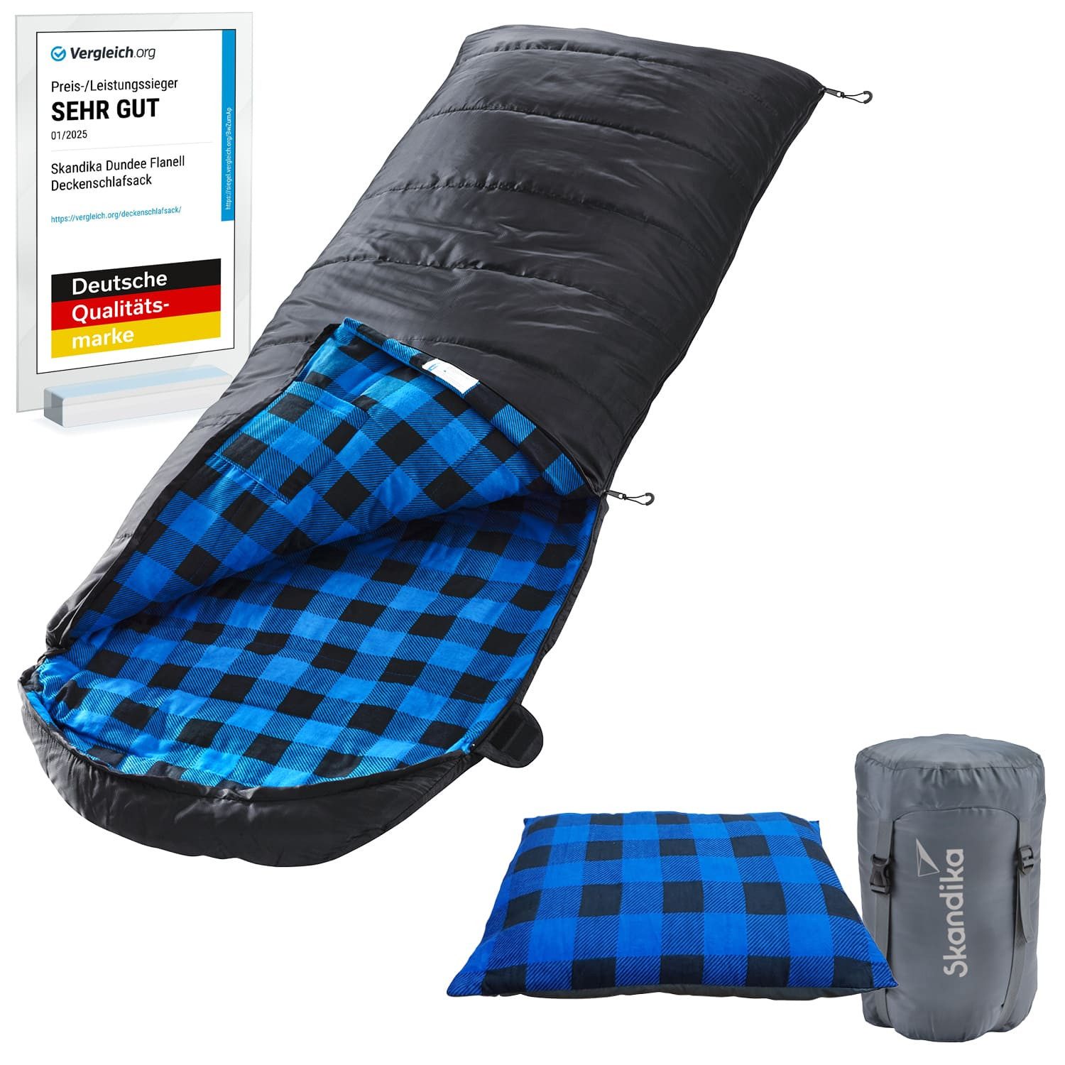 Skandika Schlafsack Dundee + Kopfkissen, 3 Jahreszeiten, bis -20°C - 220x80cm, Koppelbar (Innentasche mit Klett, Koppelbar, Kapuze/Kopfteil mit Kordel), Innenfutter aus Baumwolle/Flanell, Kompressionssack, Waschbar