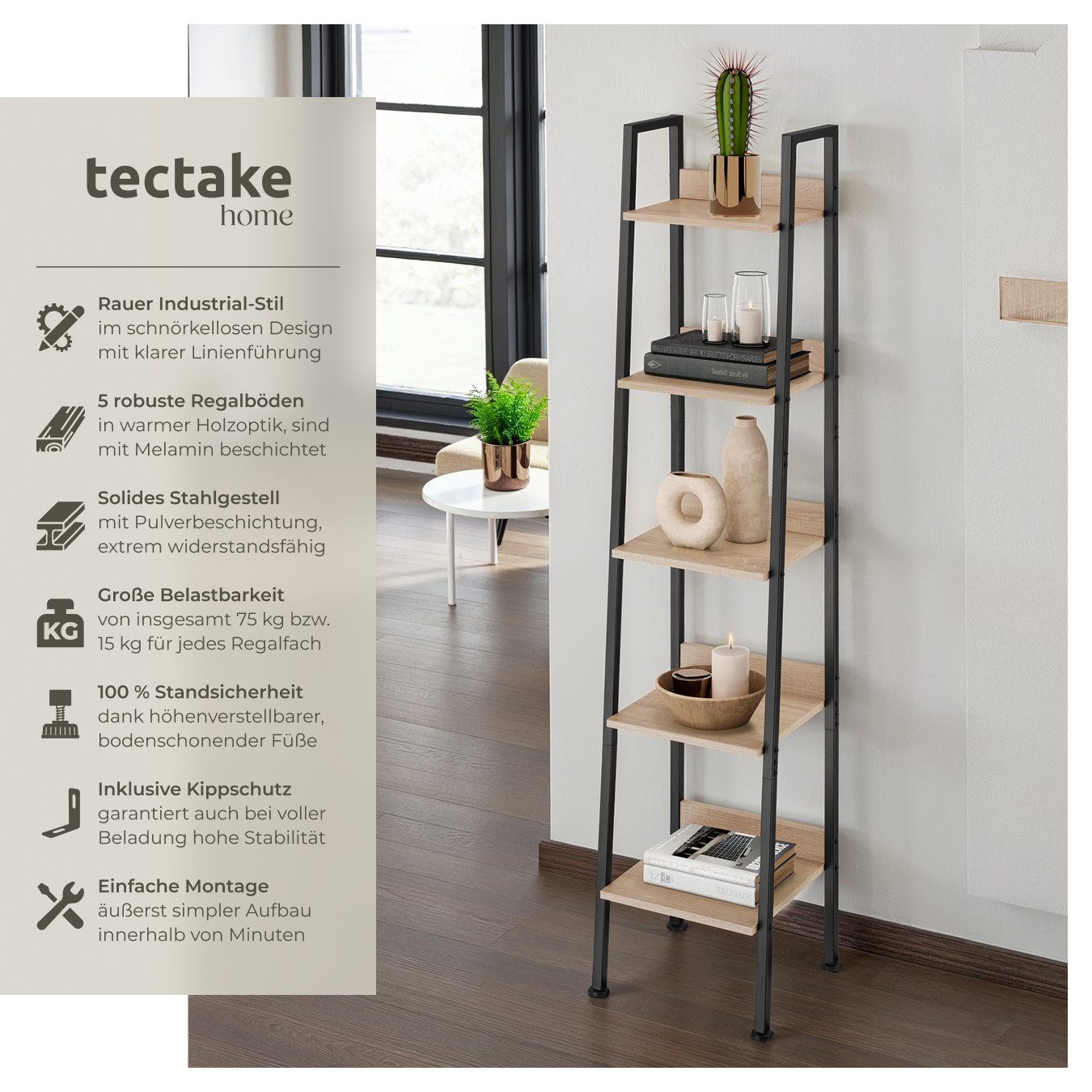 tectake Leiterregal Folkestone, Set 1-tlg., Industrial Style