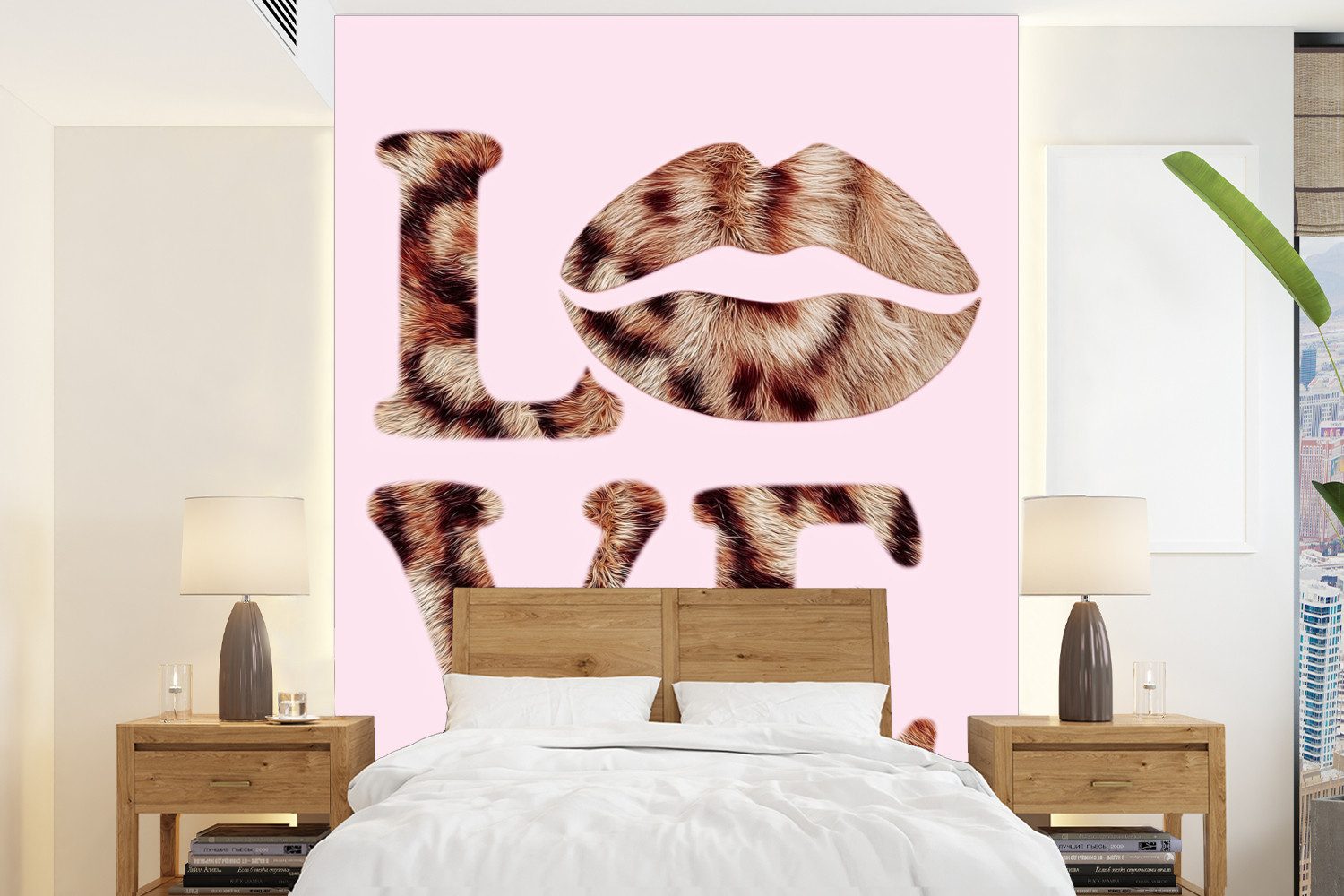 MuchoWow Fototapete Text - Liebe - Panthermantel - Hellrosa, Matt, bedruckt, Wallpaper für Wohnzimmer, Schlafzimmer, Vinyl Tapete, 165x220 cm