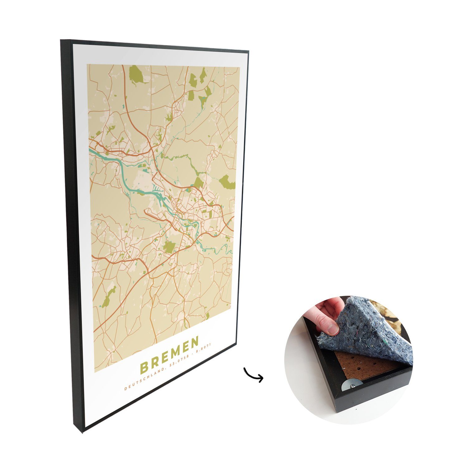 MuchoWow Akustikplatte Bremen - Karte - Vintage - Stadtplan - Grundriss,  (1-St), Malerei gegen Akustik, Akustikplatten, Gemälde, Bilder, Modern, Deko