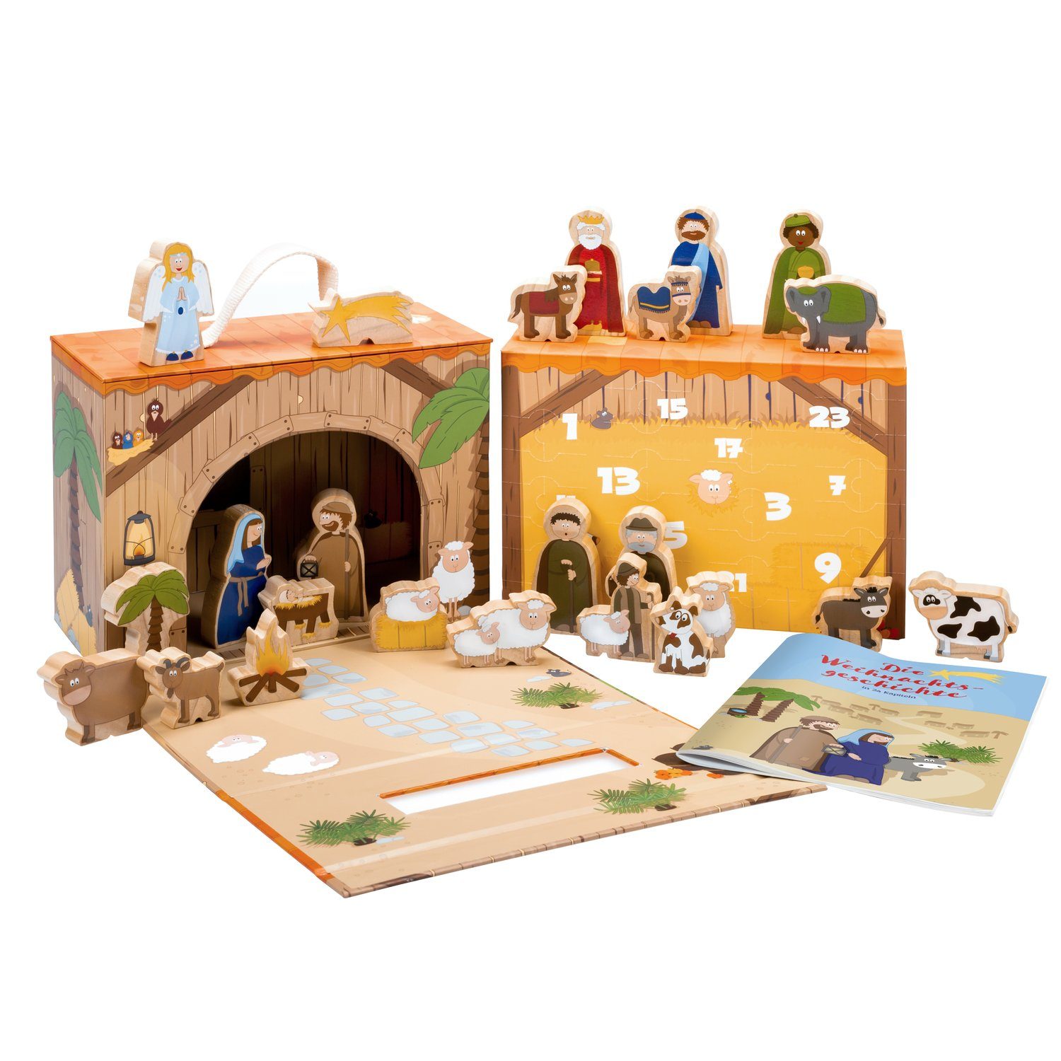 yoamo Adventskalender Spiel-Krippe für Kinder inkl. Adventskalender mit 24 Holzfiguren (27-tlg), hochwertigem Spielkoffer und Weihnachts-Geschichte 27-teilig (1 Set)