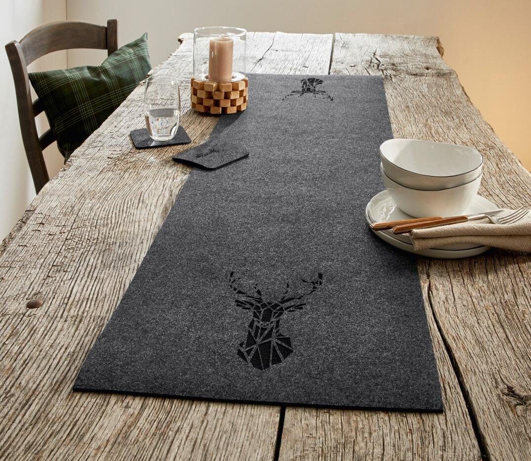 Home-trends24.de Filz Grau Hirsch Tischläufer Mittel Tisch Decke Tischläufer Band Deko Herbst