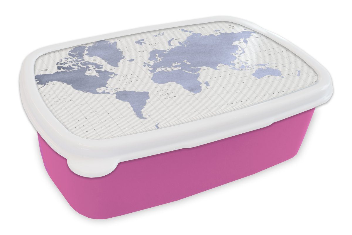 MuchoWow Lunchbox Weltkarte - Blau - Meer, Kunststoff, (2-tlg), Brotbox für Erwachsene, Brotdose Kinder, Snackbox, Mädchen, Kunststoff rosa