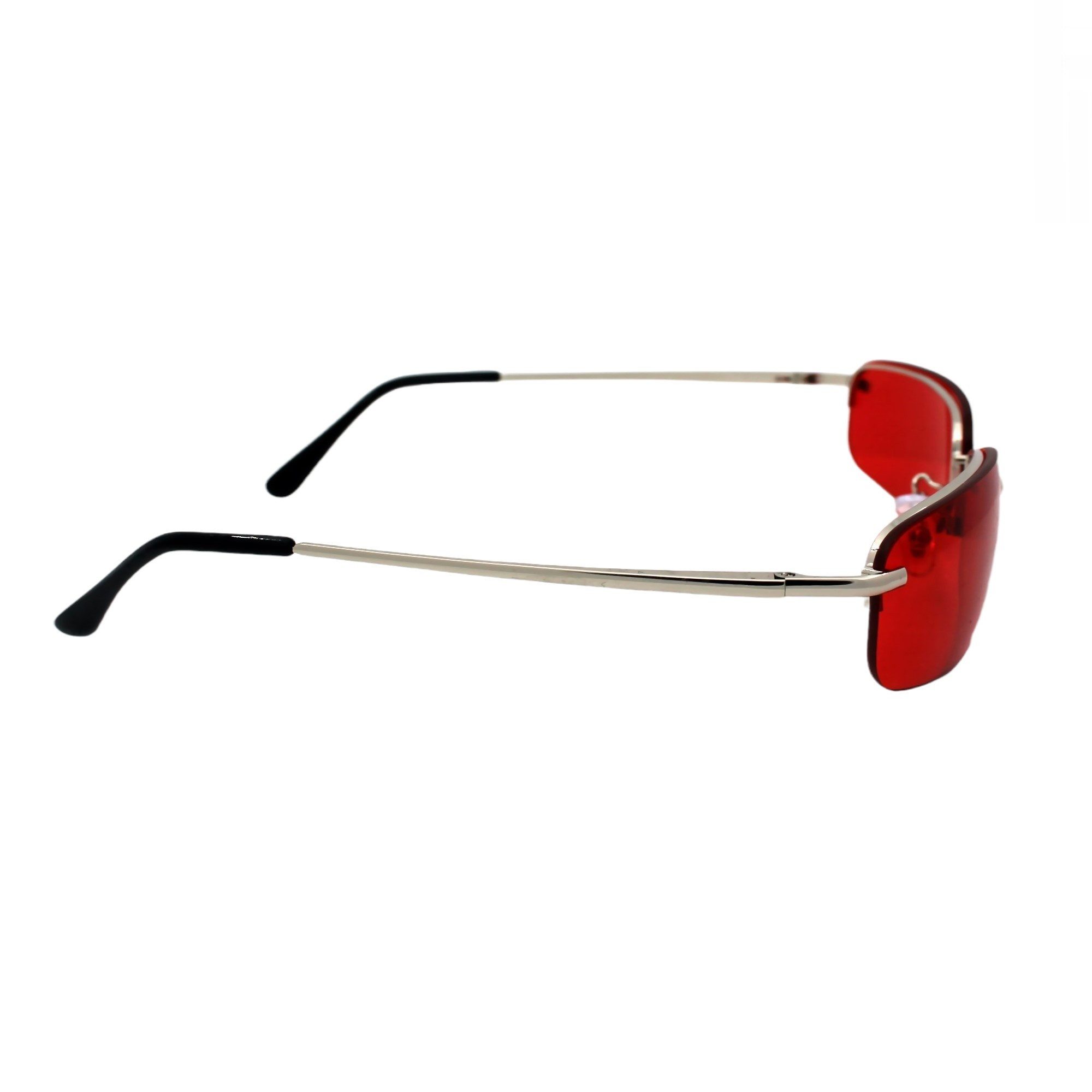 Rennec Sonnenbrille (Leichte Edelstahl Sonnenbrille Rechteckig Schmal mit Federscharniere) Festivalbrille Metallbrille mit Randlose Gläser in Rot Getönt