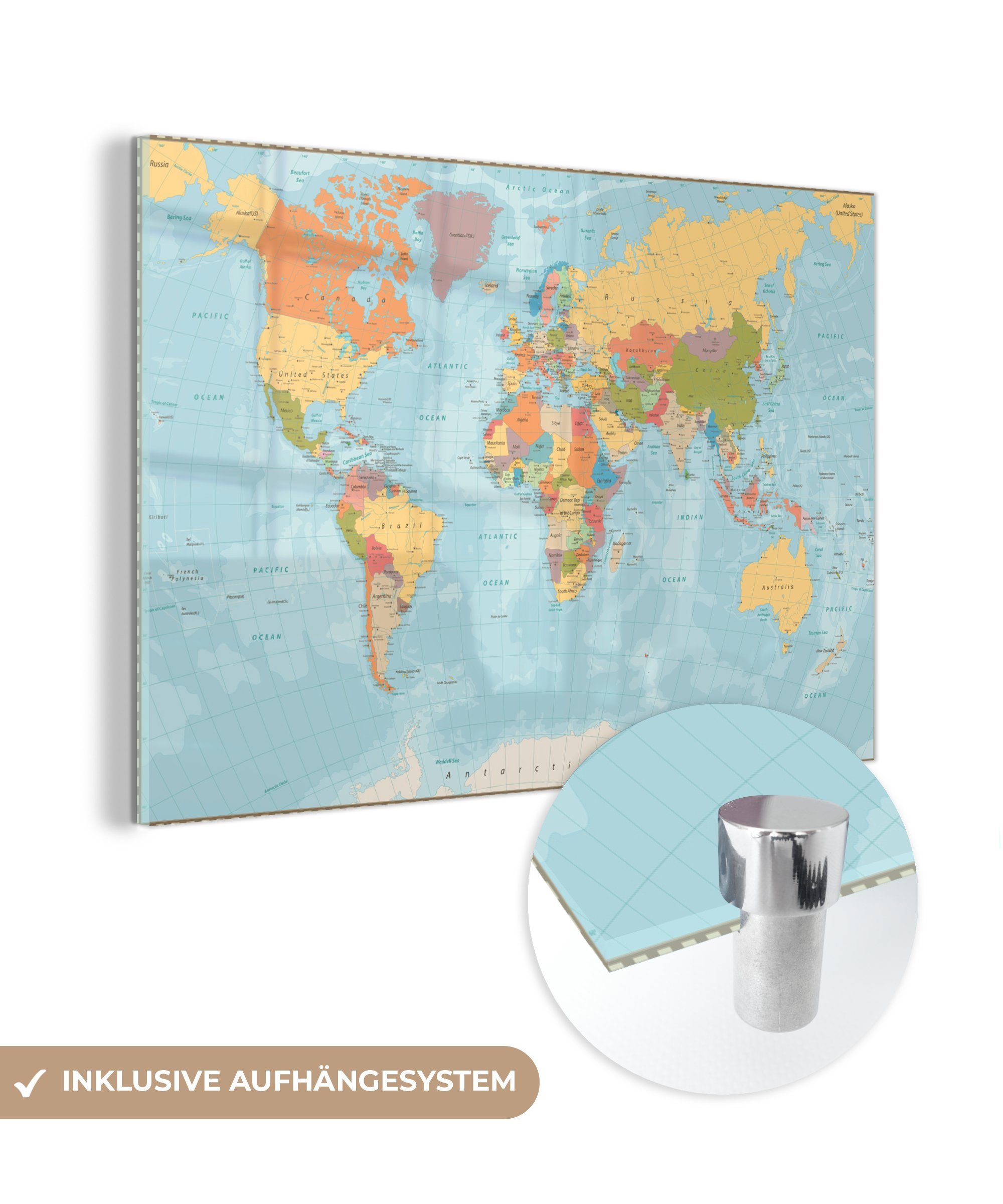 Wanddekoration Weltkarte (1 Bilder - St), MuchoWow Wandbild Glas Glasbilder Foto auf - - auf - Farben Glas Atlas, Acrylglasbild -